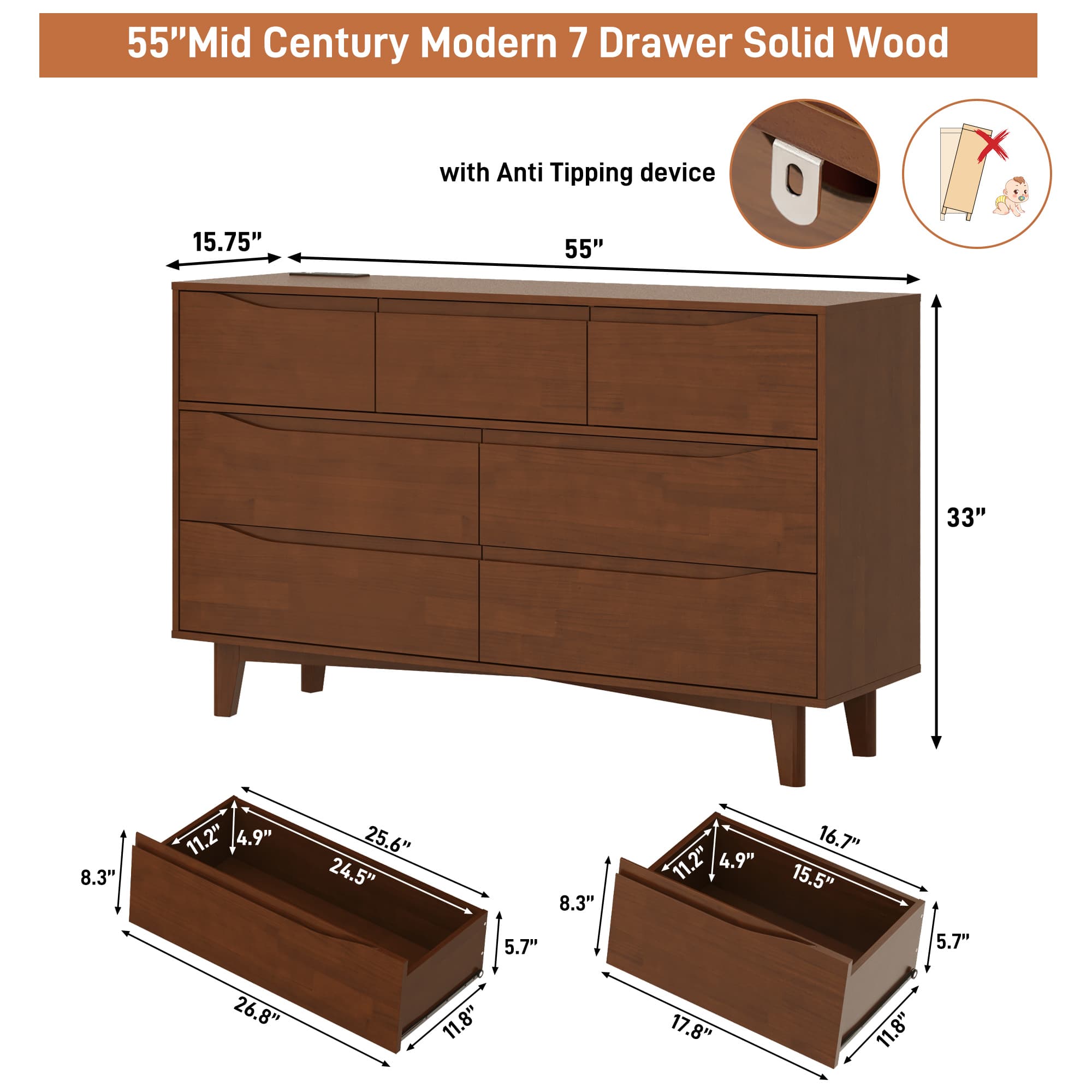 Pine Wood 6 Drawer Dresser with LED Light Power Outlet, 55" Large Rustic Chest Dresser of Drawers Storage Organizer for Bedroom Closet Hallway