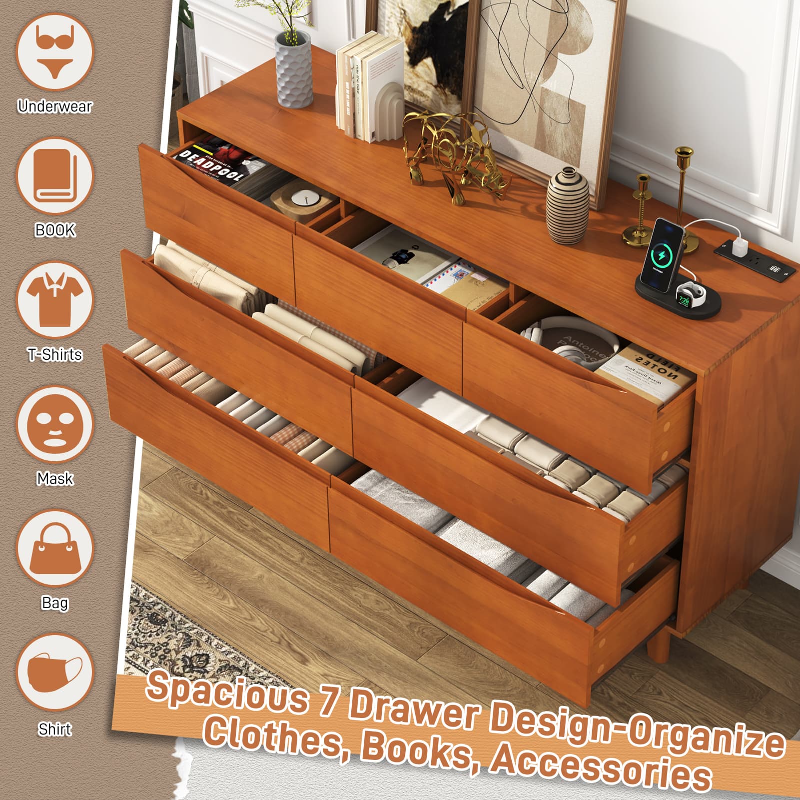 Pine Wood 6 Drawer Dresser with LED Light Power Outlet, 55" Large Rustic Chest Dresser of Drawers Storage Organizer for Bedroom Closet Hallway