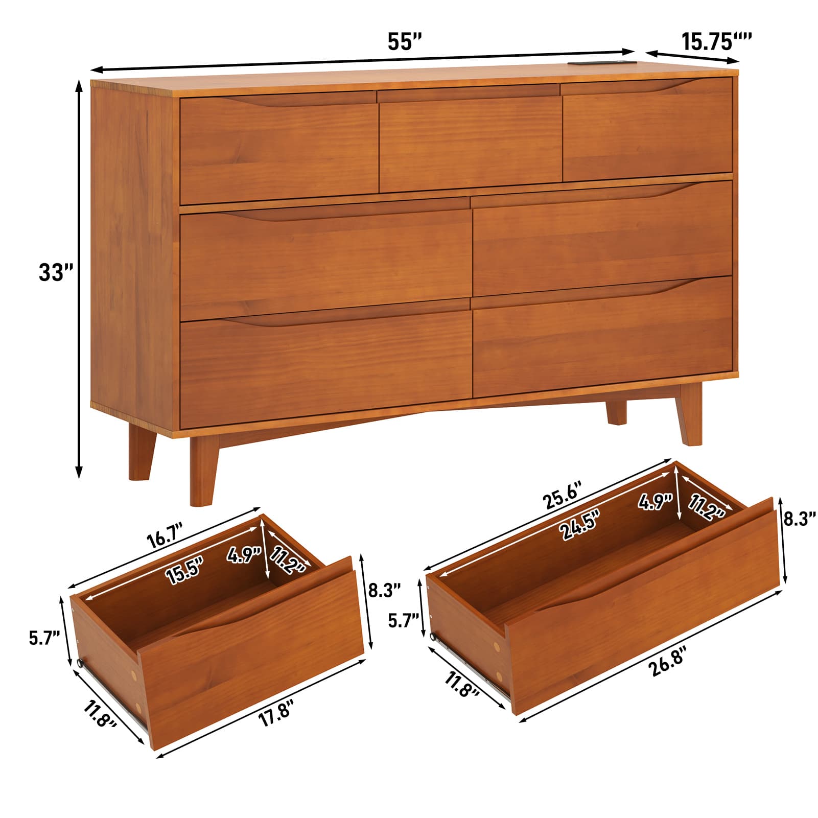 Pine Wood 6 Drawer Dresser with LED Light Power Outlet, 55" Large Rustic Chest Dresser of Drawers Storage Organizer for Bedroom Closet Hallway