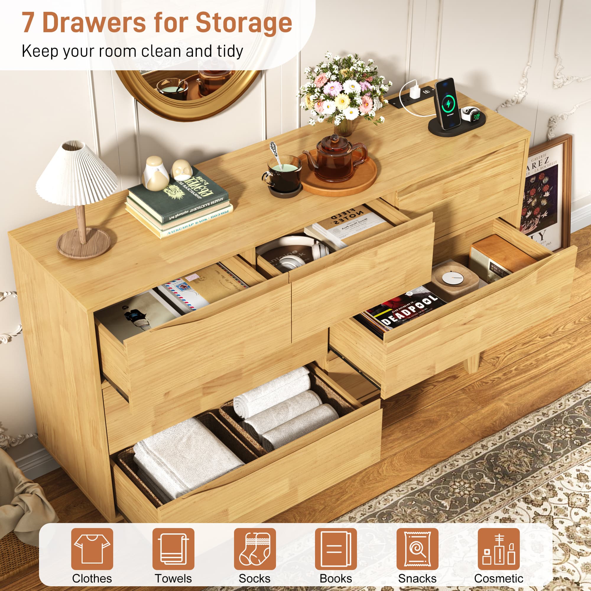 Pine Wood 6 Drawer Dresser with LED Light Power Outlet, 55" Large Rustic Chest Dresser of Drawers Storage Organizer for Bedroom Closet Hallway