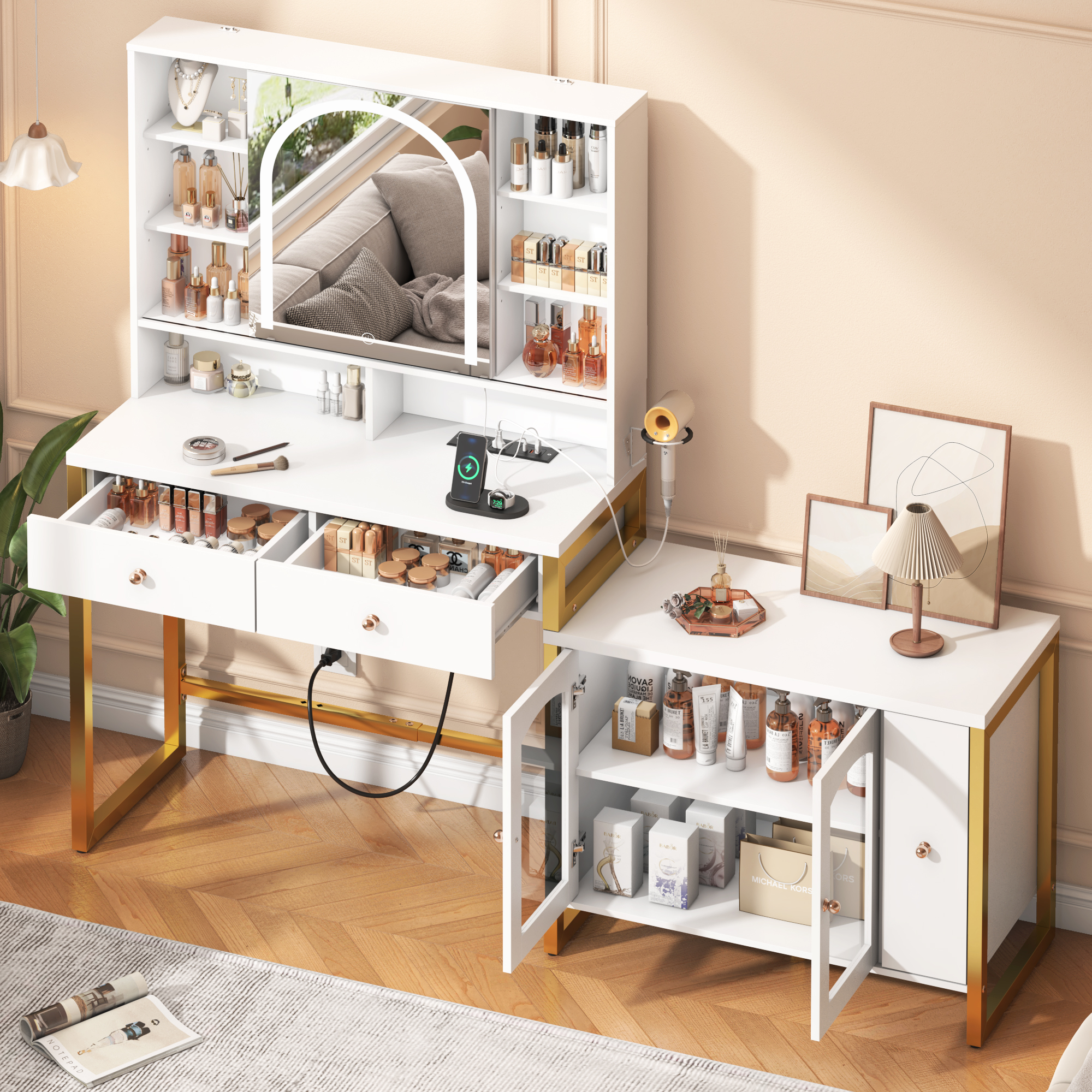 62" Makeup Vanity Desk with Mirror and Light, Vanity Desk with Drawers, Charging Station, Cabinet, Hooks, Hair Dryer Holder, Bedroom Dressing Table, Adjustable Width