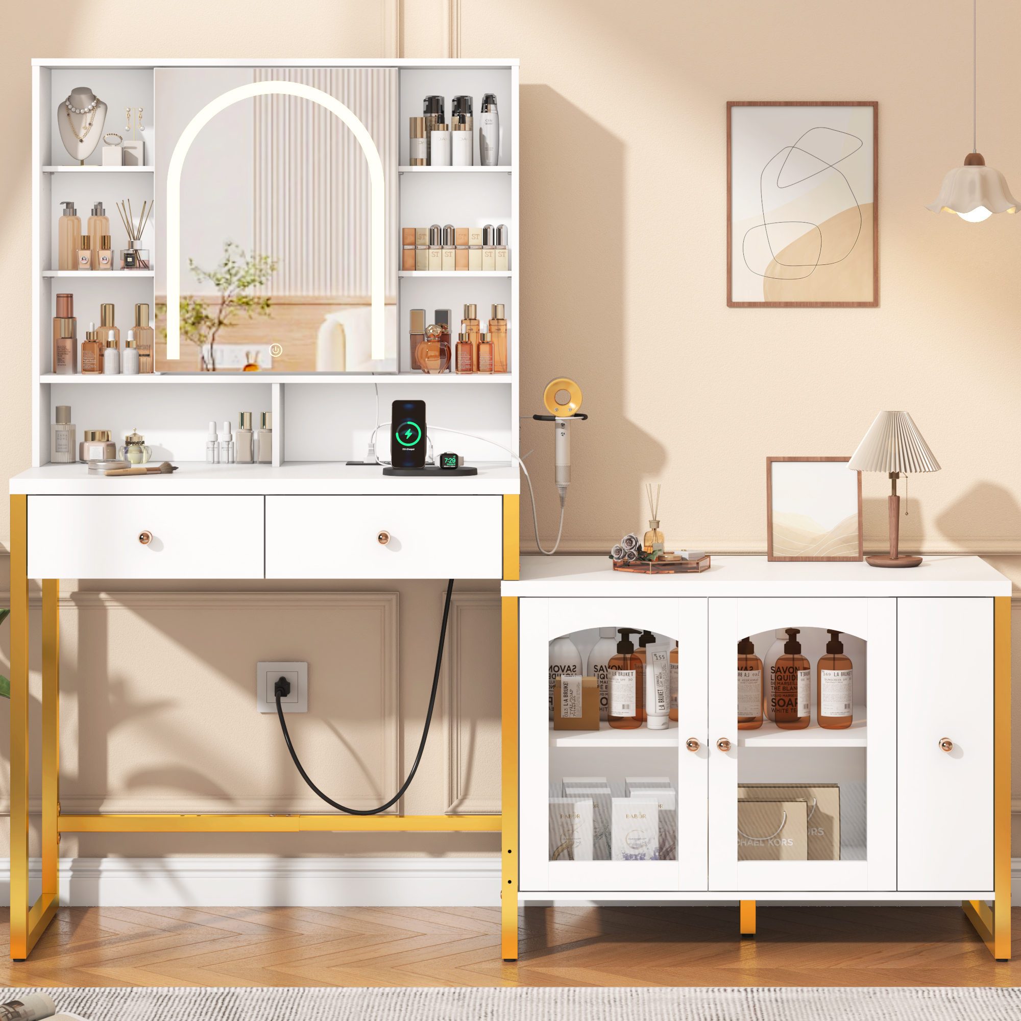 62" Makeup Vanity Desk with Mirror and Light, Vanity Desk with Drawers, Charging Station, Cabinet, Hooks, Hair Dryer Holder, Bedroom Dressing Table, Adjustable Width