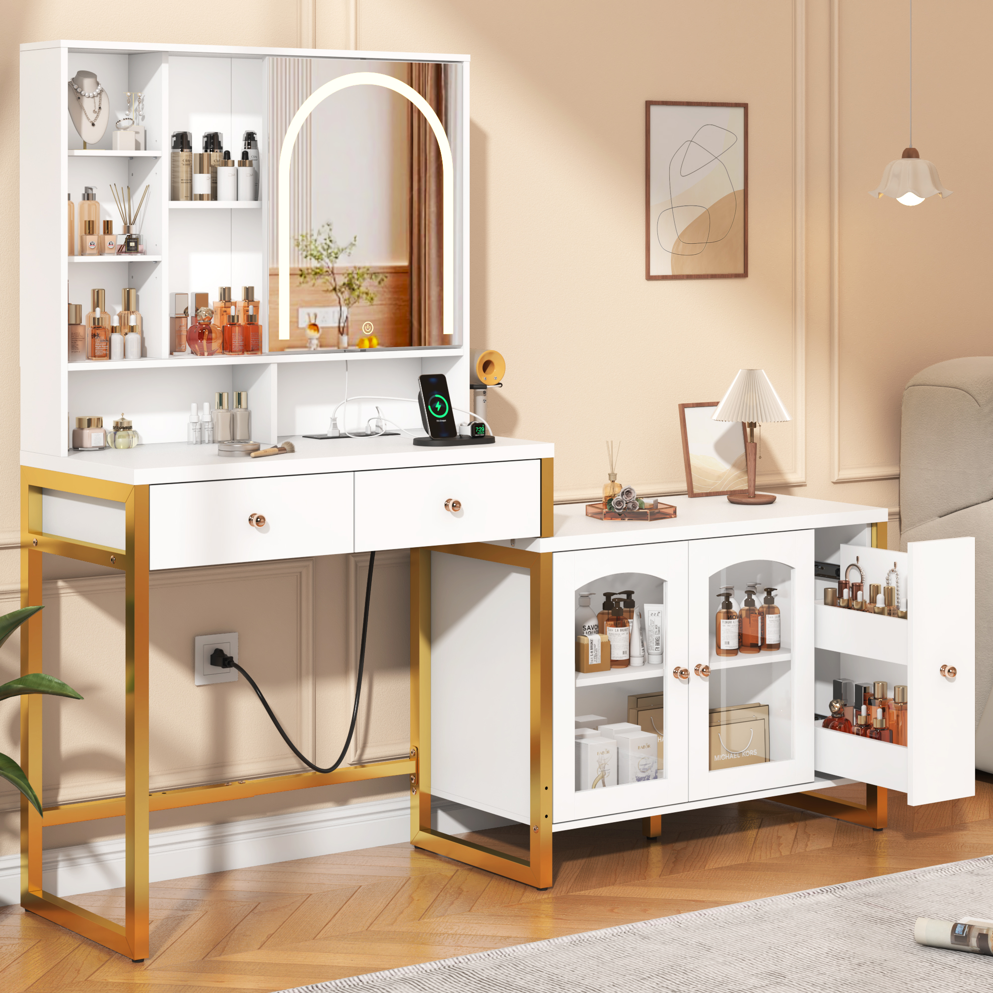 62" Makeup Vanity Desk with Mirror and Light, Vanity Desk with Drawers, Charging Station, Cabinet, Hooks, Hair Dryer Holder, Bedroom Dressing Table, Adjustable Width