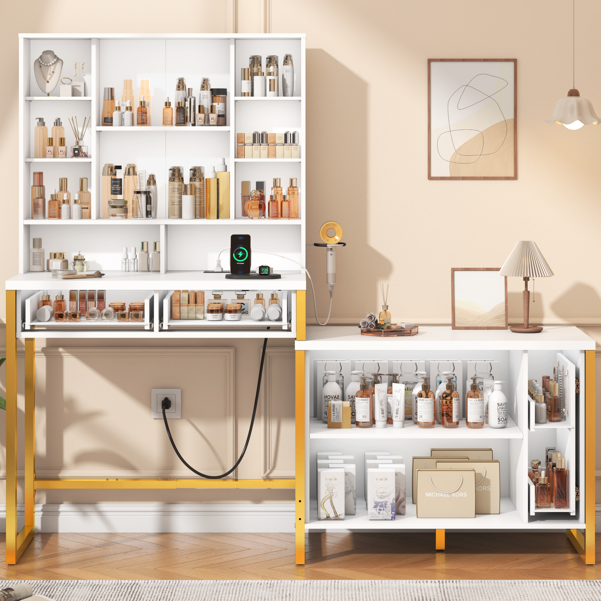 62" Makeup Vanity Desk with Mirror and Light, Vanity Desk with Drawers, Charging Station, Cabinet, Hooks, Hair Dryer Holder, Bedroom Dressing Table, Adjustable Width