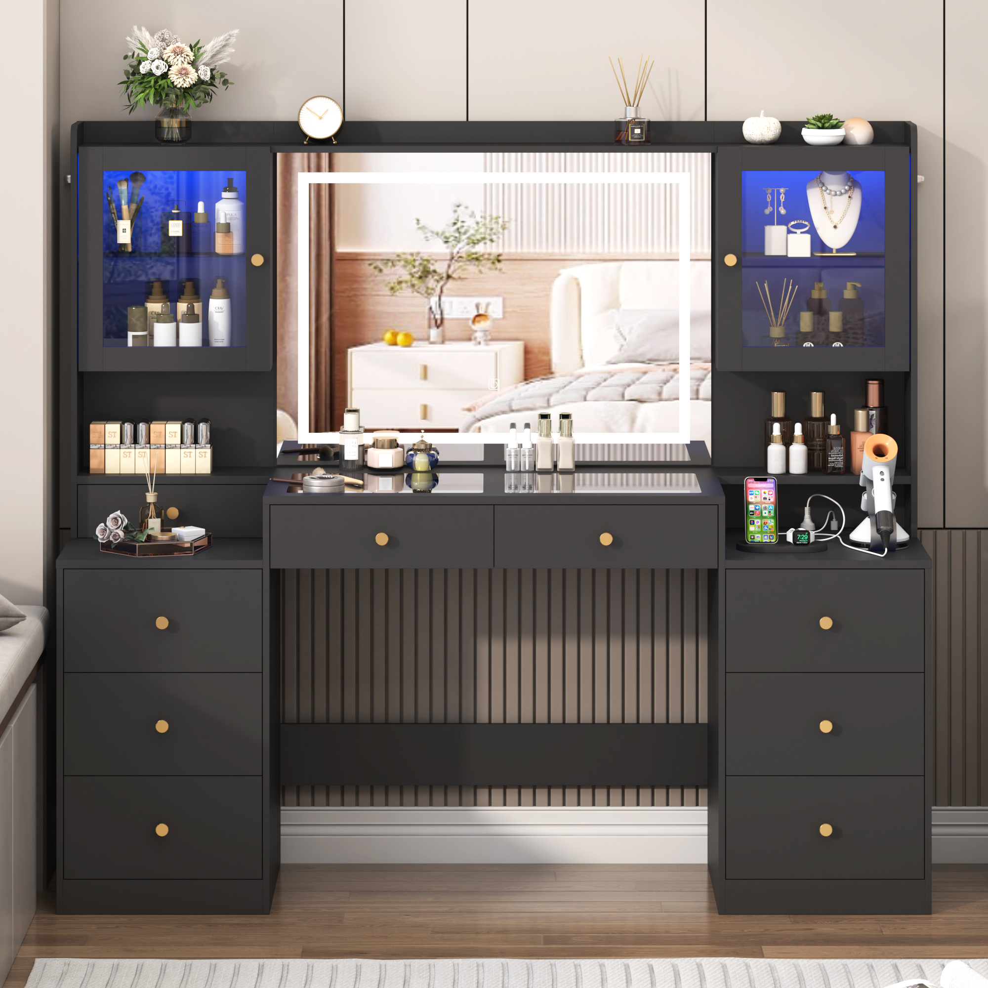 Blotout 62'' Large Vanity Desk with 2 RGB Glass Cabinets, Power Outlet, Glass Top, 9 Drawers, 3 Lights Mode LED Mirror, Pink Bedroom Makeup Vanity for Women, Girls