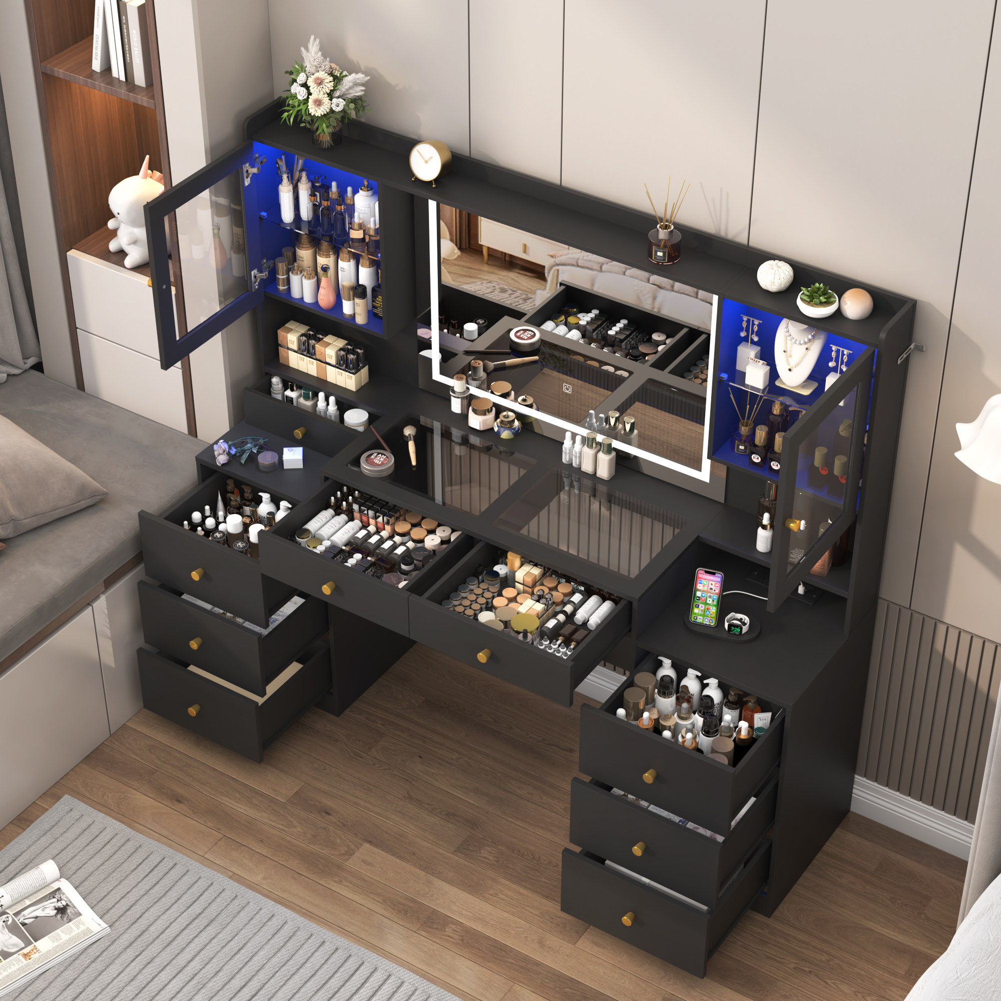 Blotout 62'' Large Vanity Desk with 2 RGB Glass Cabinets, Power Outlet, Glass Top, 9 Drawers, 3 Lights Mode LED Mirror, Pink Bedroom Makeup Vanity for Women, Girls