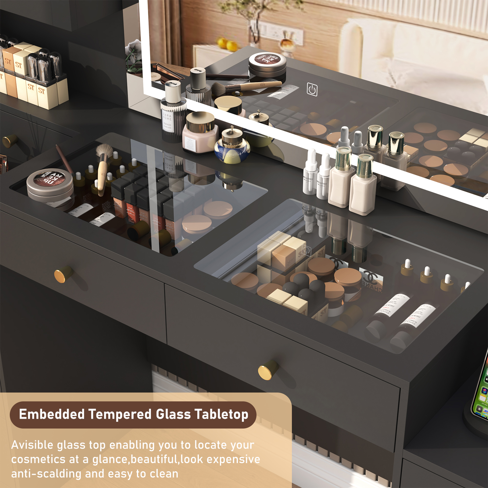 Blotout 62'' Large Vanity Desk with 2 RGB Glass Cabinets, Power Outlet, Glass Top, 9 Drawers, 3 Lights Mode LED Mirror, Pink Bedroom Makeup Vanity for Women, Girls