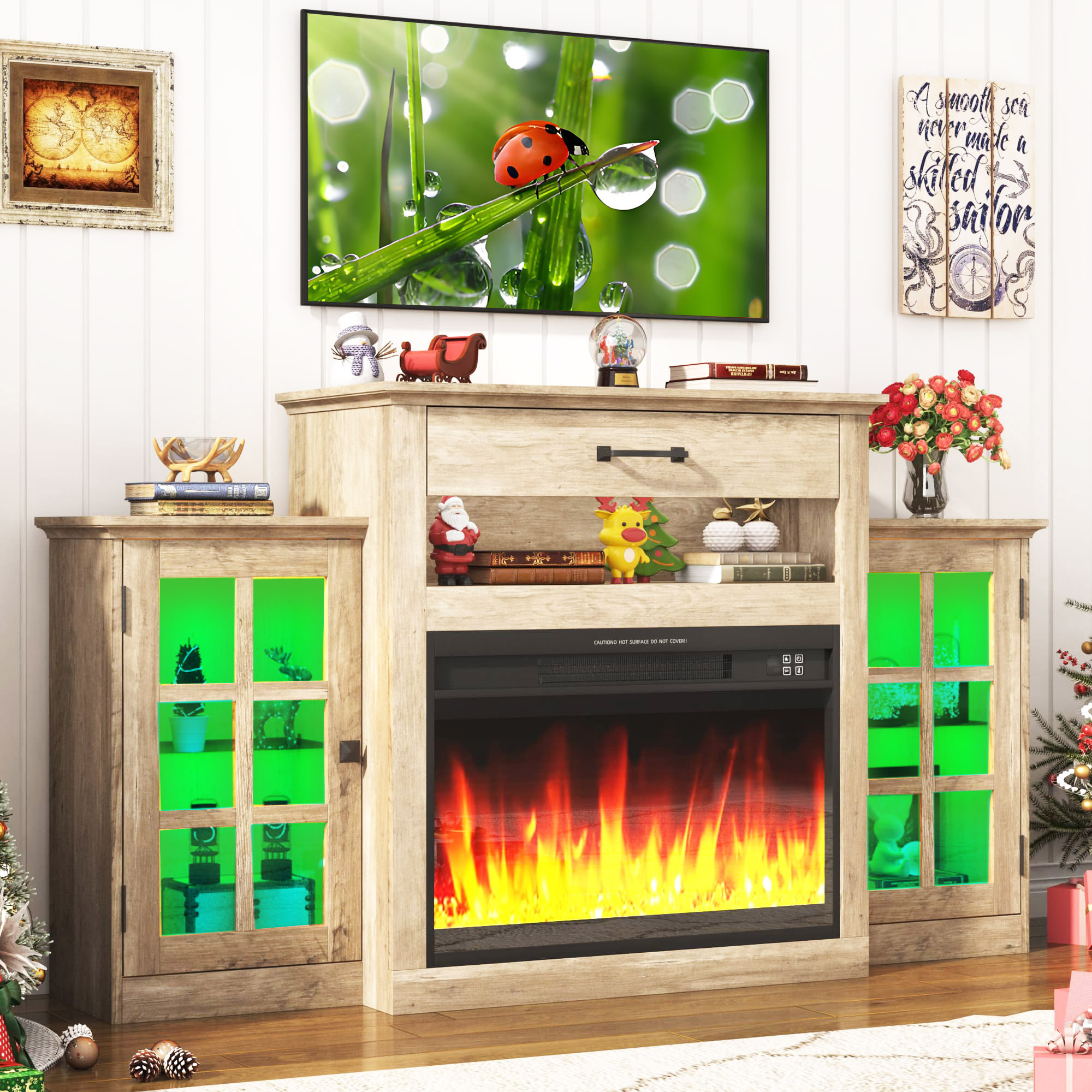 60" Electric Fireplace with Mantel, LED Fireplace TV Stand for up 65" 70" Flat Screen TVs, Tall Entertainment Center with Glass-Doors & Glass-Shelves
