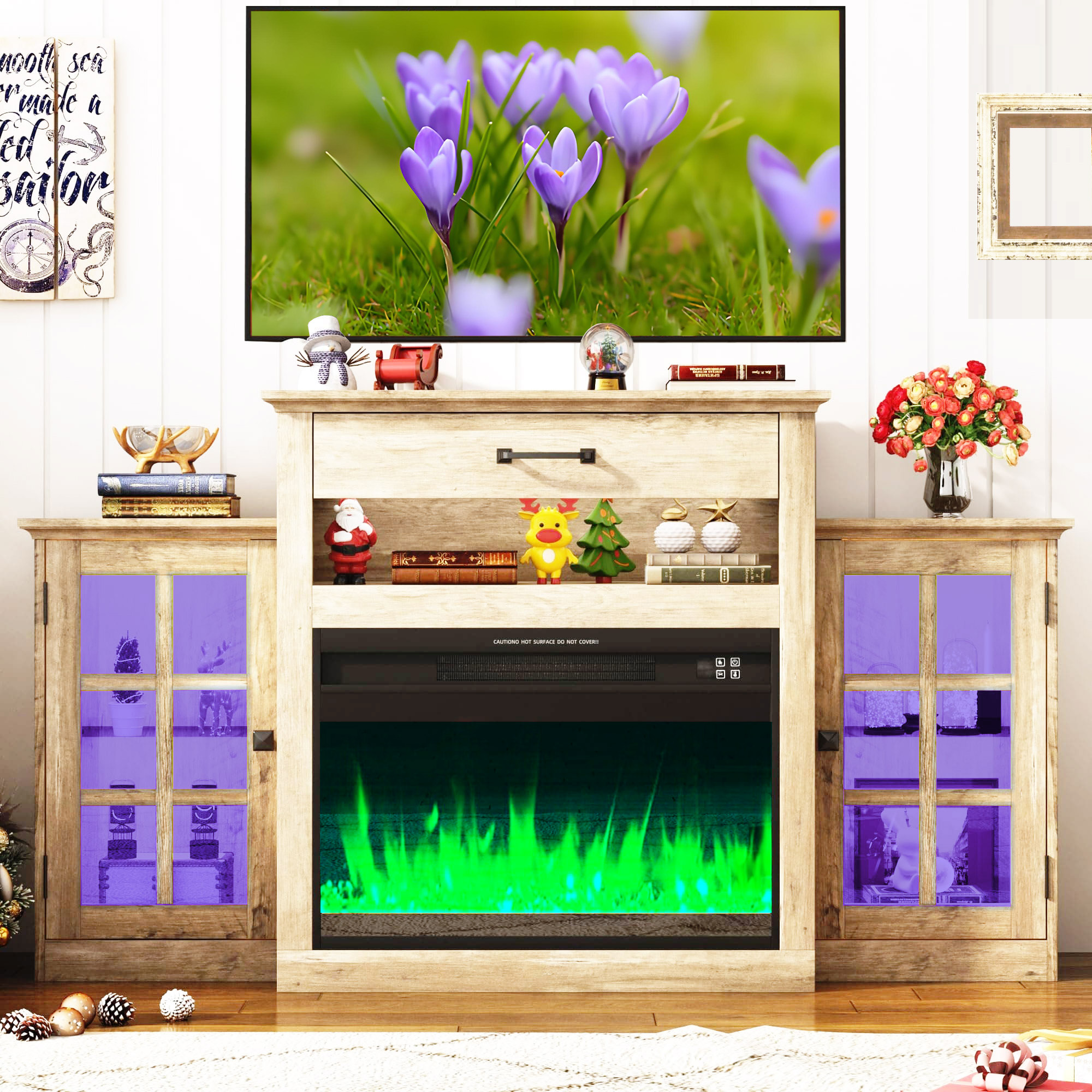 60" Electric Fireplace with Mantel, LED Fireplace TV Stand for up 65" 70" Flat Screen TVs, Tall Entertainment Center with Glass-Doors & Glass-Shelves