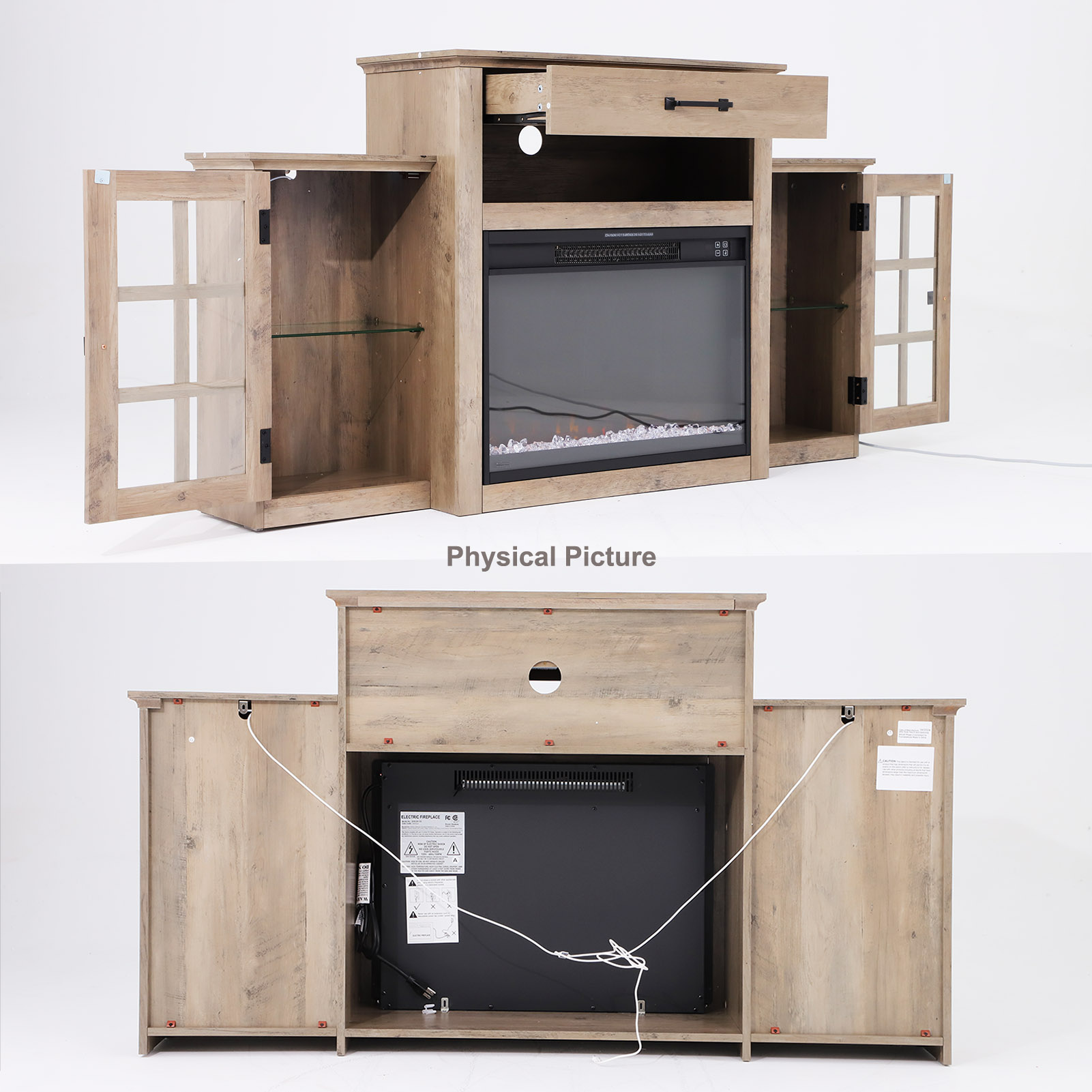 60" Electric Fireplace with Mantel, LED Fireplace TV Stand for up 65" 70" Flat Screen TVs, Tall Entertainment Center with Glass-Doors & Glass-Shelves