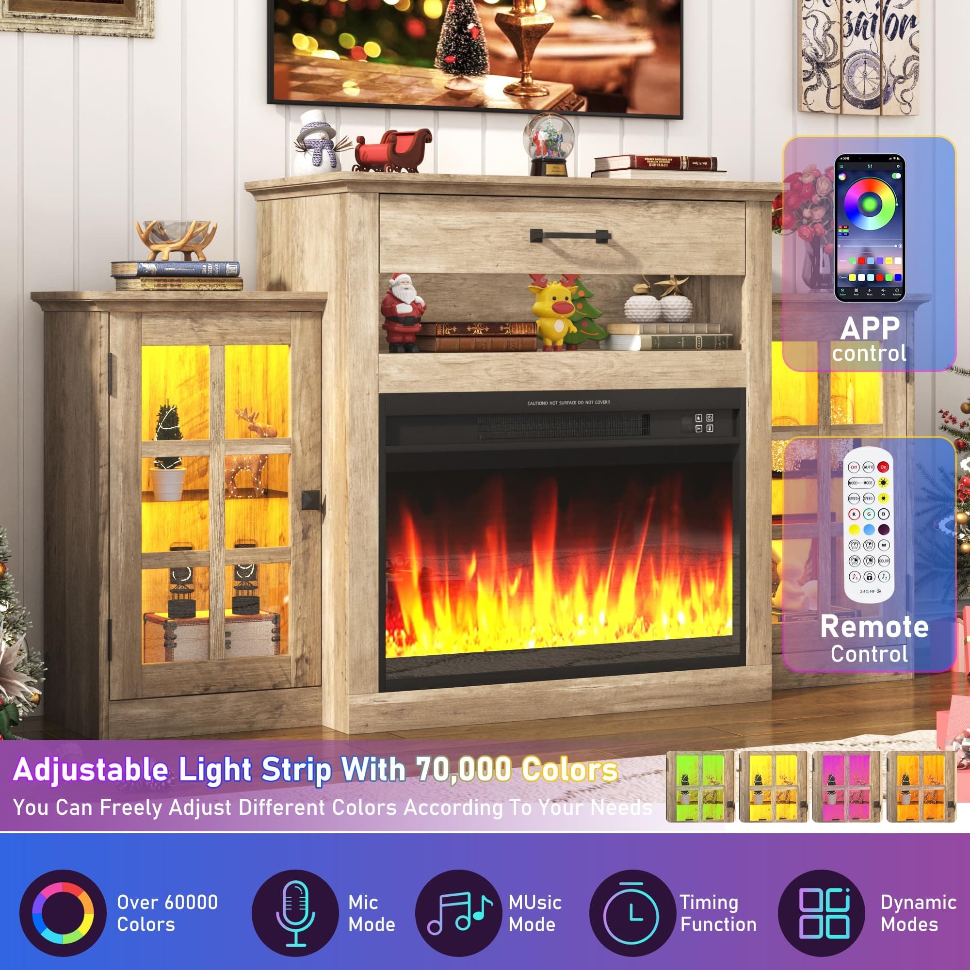 60" Electric Fireplace with Mantel, LED Fireplace TV Stand for up 65" 70" Flat Screen TVs, Tall Entertainment Center with Glass-Doors & Glass-Shelves