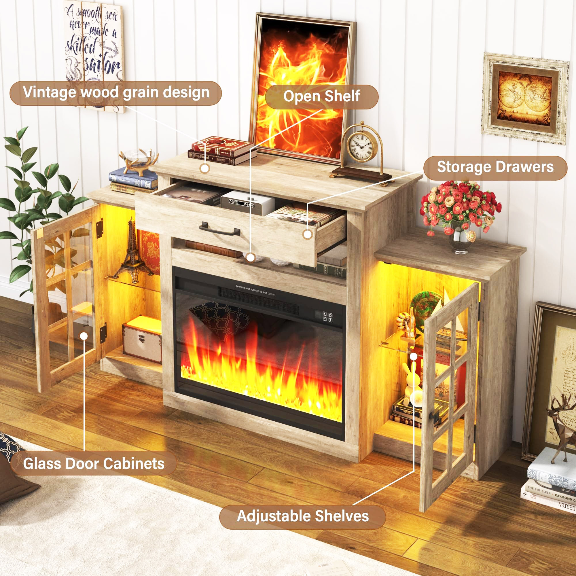 60" Electric Fireplace with Mantel, LED Fireplace TV Stand for up 65" 70" Flat Screen TVs, Tall Entertainment Center with Glass-Doors & Glass-Shelves