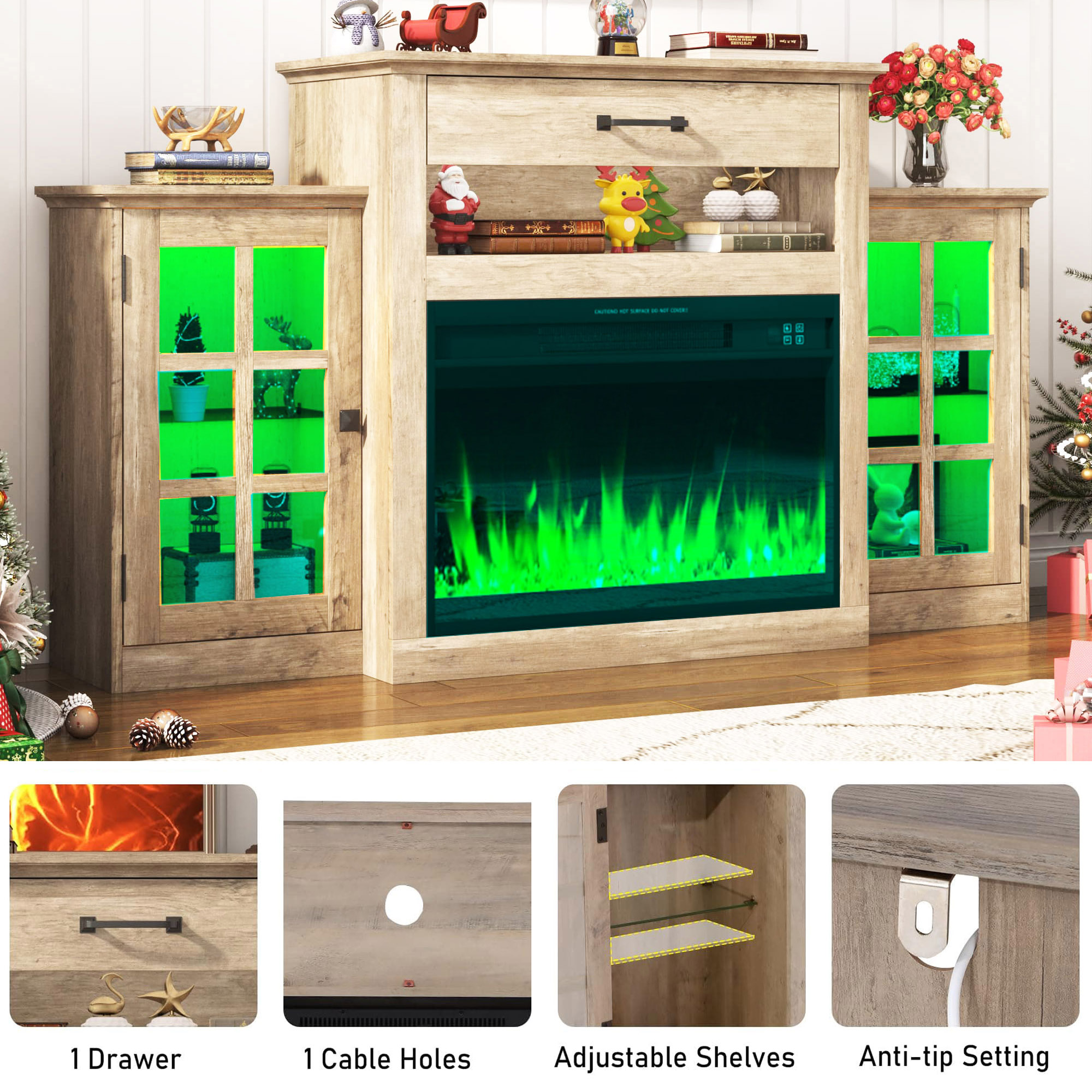 60" Electric Fireplace with Mantel, LED Fireplace TV Stand for up 65" 70" Flat Screen TVs, Tall Entertainment Center with Glass-Doors & Glass-Shelves