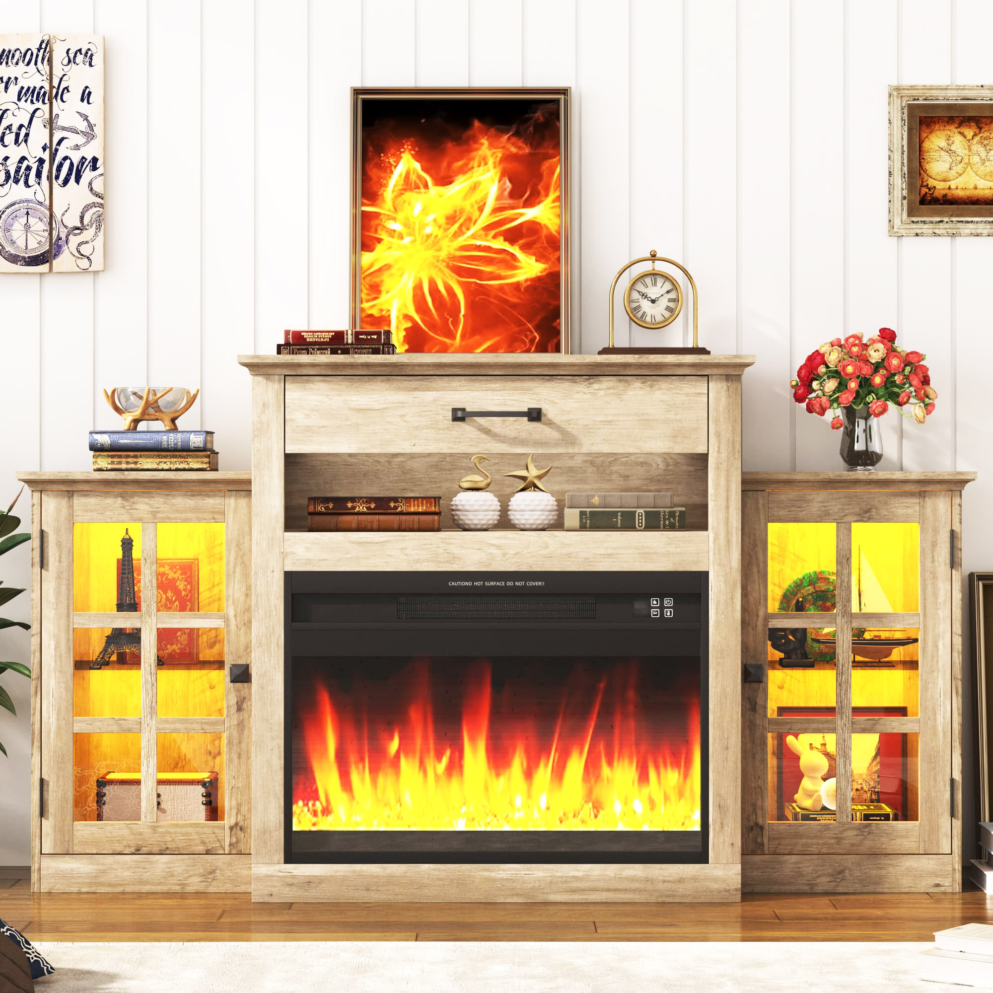 60" Electric Fireplace with Mantel, LED Fireplace TV Stand for up 65" 70" Flat Screen TVs, Tall Entertainment Center with Glass-Doors & Glass-Shelves