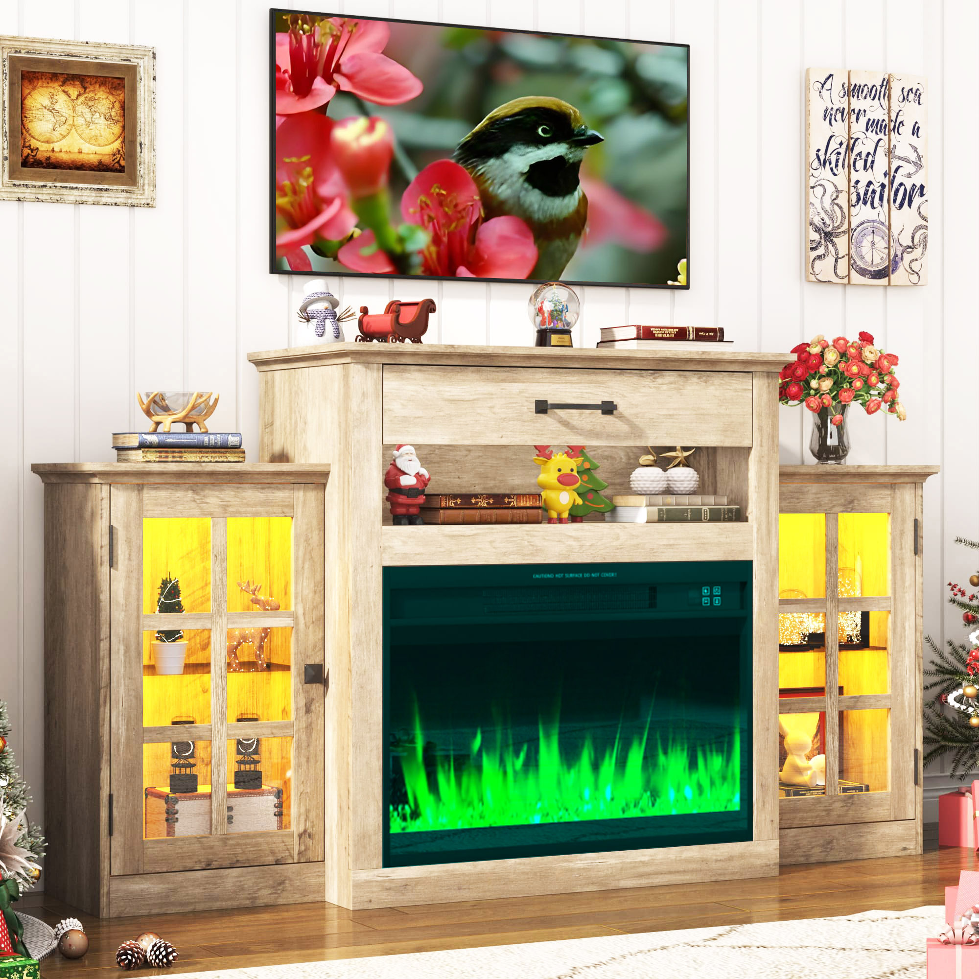 60" Electric Fireplace with Mantel, LED Fireplace TV Stand for up 65" 70" Flat Screen TVs, Tall Entertainment Center with Glass-Doors & Glass-Shelves