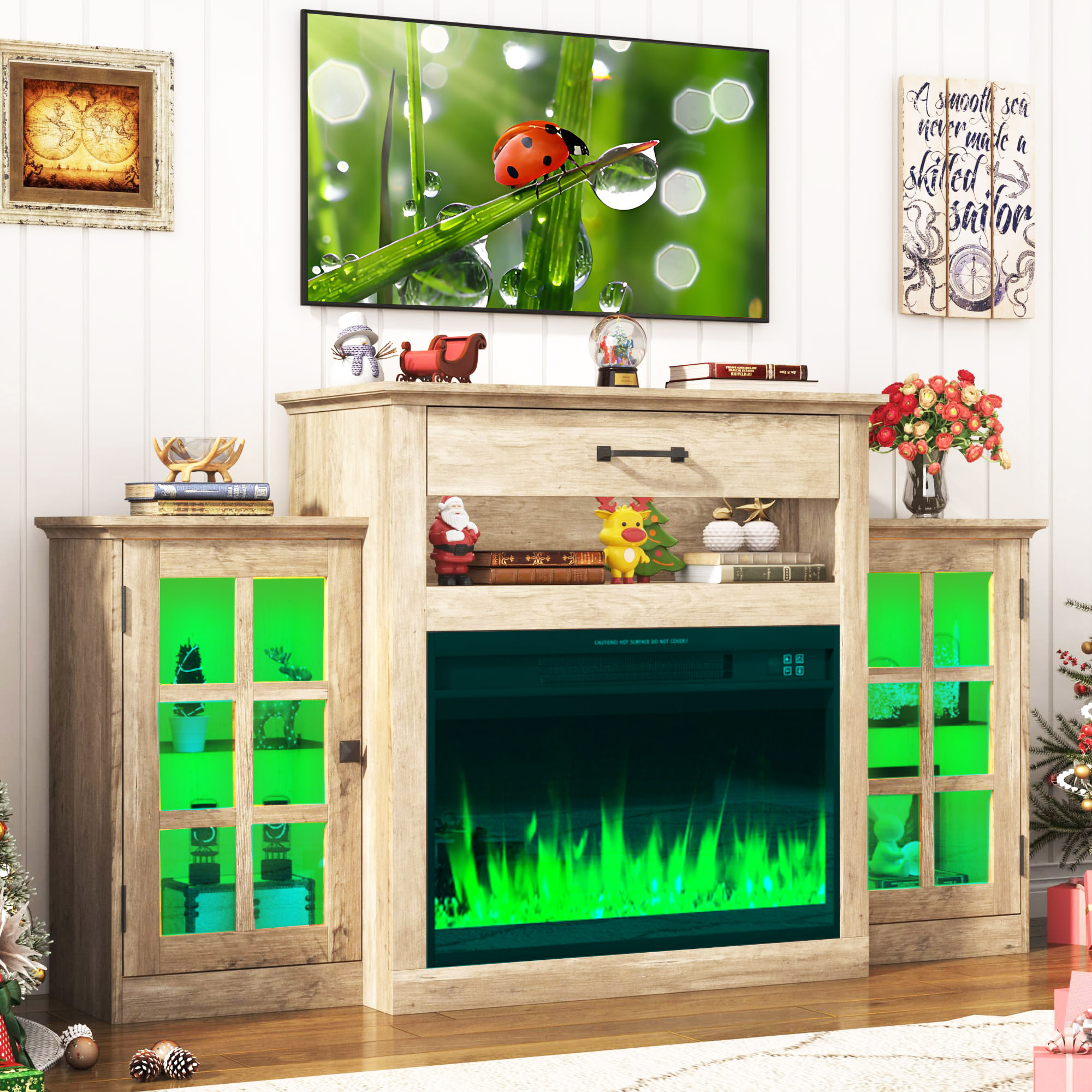 60" Electric Fireplace with Mantel, LED Fireplace TV Stand for up 65" 70" Flat Screen TVs, Tall Entertainment Center with Glass-Doors & Glass-Shelves