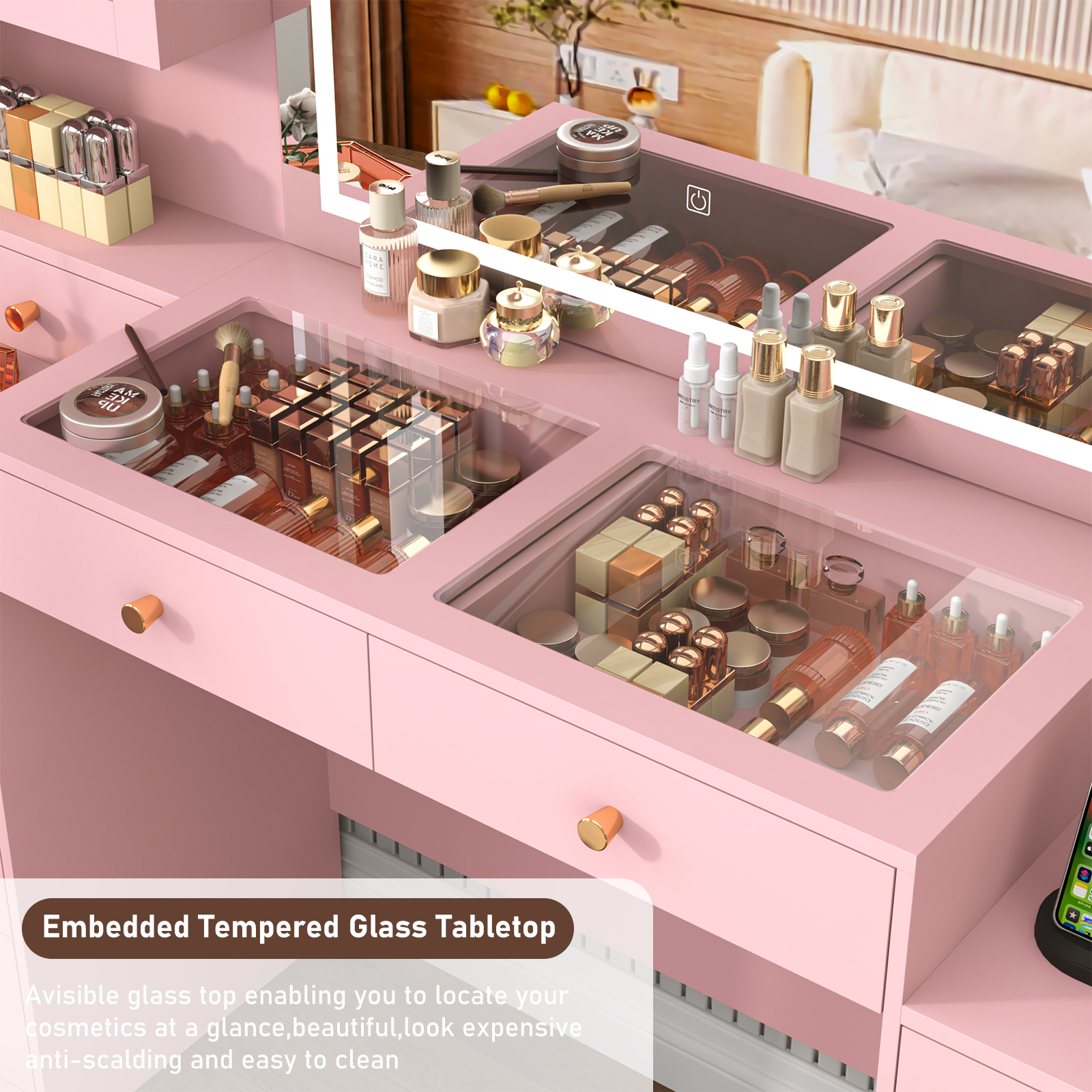 Blotout 62'' Large Vanity Desk with 2 RGB Glass Cabinets, Power Outlet, Glass Top, 9 Drawers, 3 Lights Mode LED Mirror, Pink Bedroom Makeup Vanity for Women, Girls