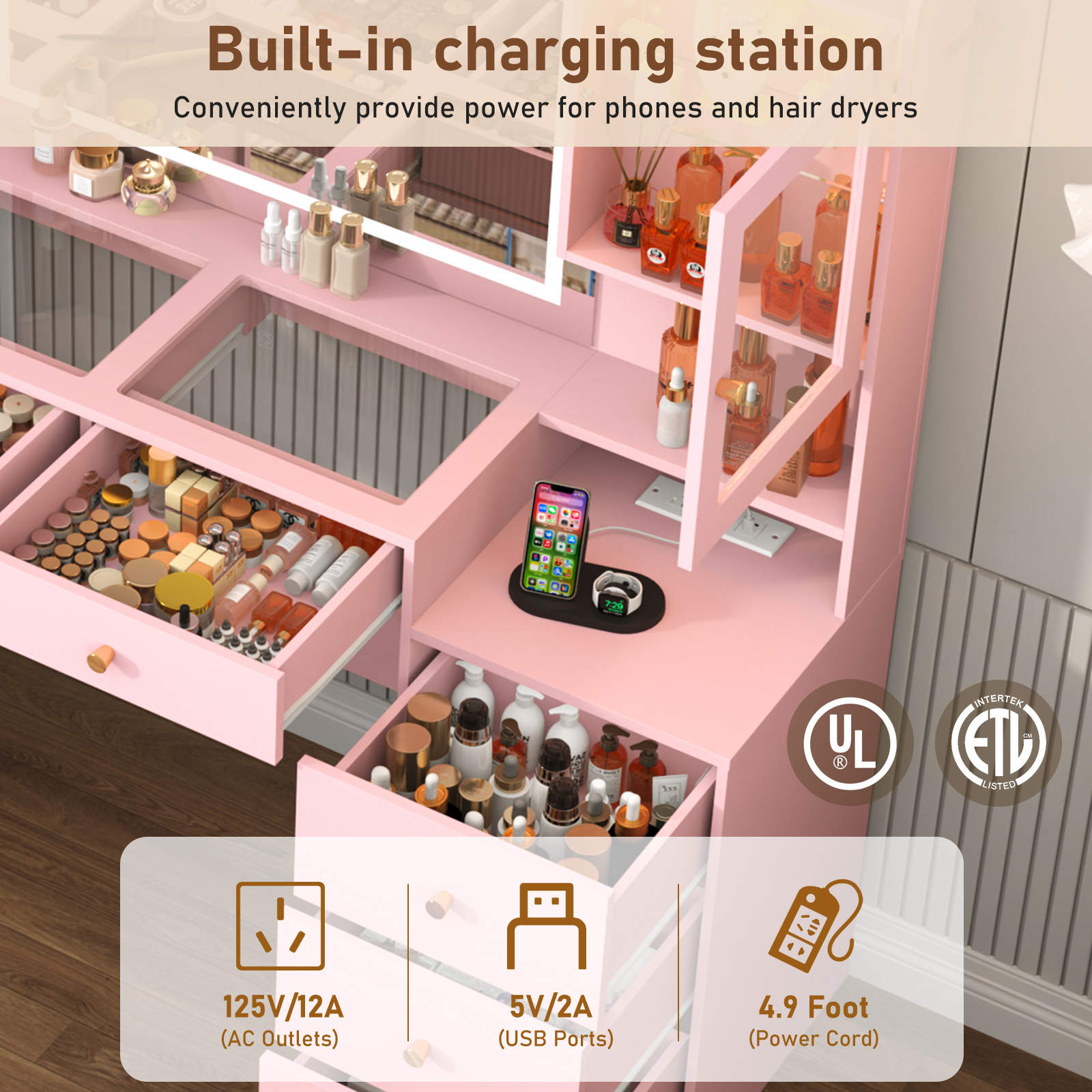 Blotout 62'' Large Vanity Desk with 2 RGB Glass Cabinets, Power Outlet, Glass Top, 9 Drawers, 3 Lights Mode LED Mirror, Pink Bedroom Makeup Vanity for Women, Girls