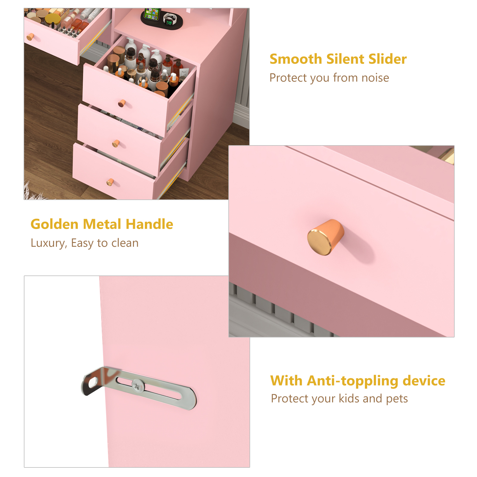 Blotout 62'' Large Vanity Desk with 2 RGB Glass Cabinets, Power Outlet, Glass Top, 9 Drawers, 3 Lights Mode LED Mirror, Pink Bedroom Makeup Vanity for Women, Girls