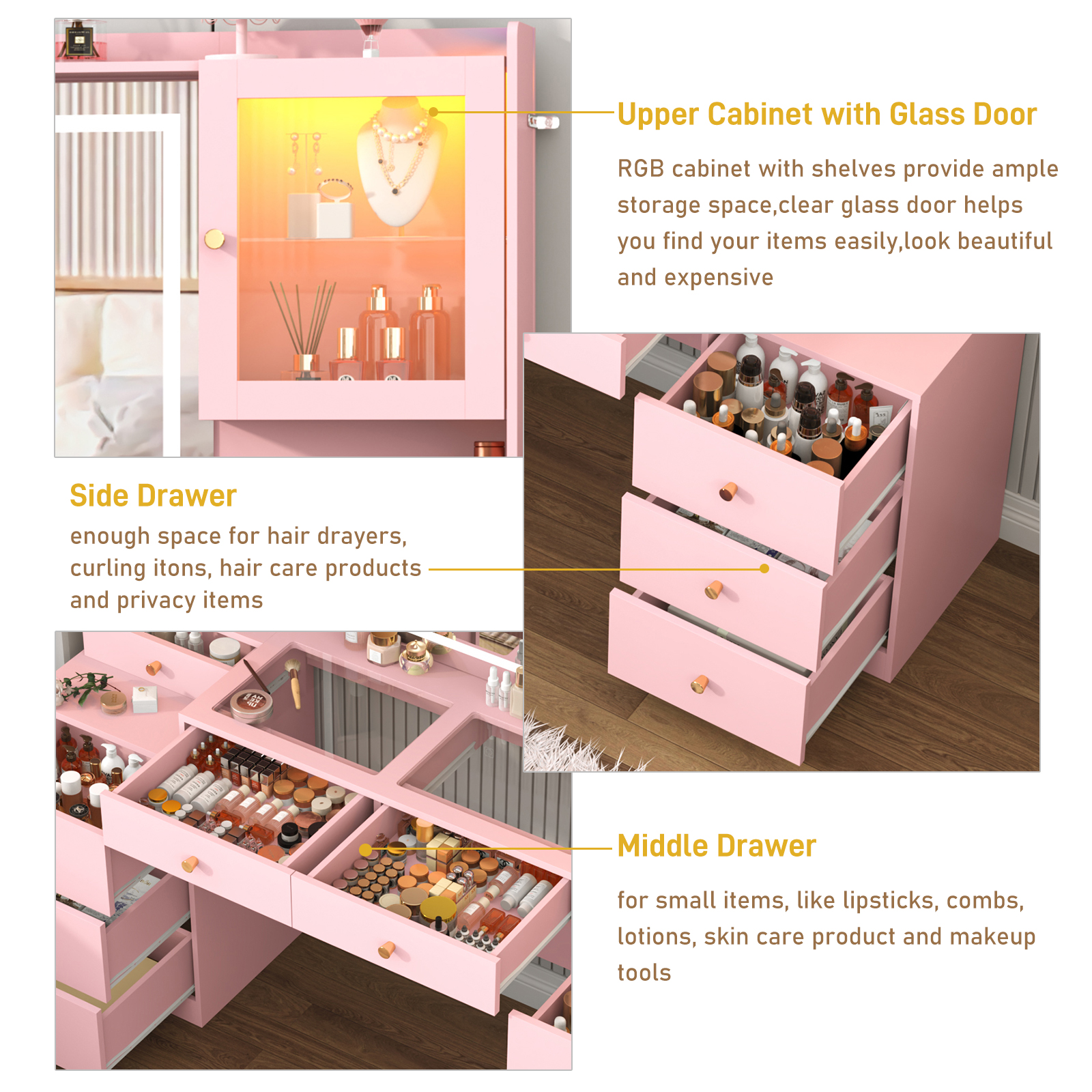 Blotout 62'' Large Vanity Desk with 2 RGB Glass Cabinets, Power Outlet, Glass Top, 9 Drawers, 3 Lights Mode LED Mirror, Pink Bedroom Makeup Vanity for Women, Girls