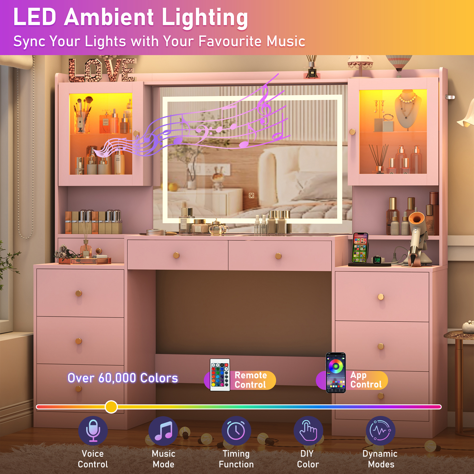 Blotout 62'' Large Vanity Desk with 2 RGB Glass Cabinets, Power Outlet, Glass Top, 9 Drawers, 3 Lights Mode LED Mirror, Pink Bedroom Makeup Vanity for Women, Girls