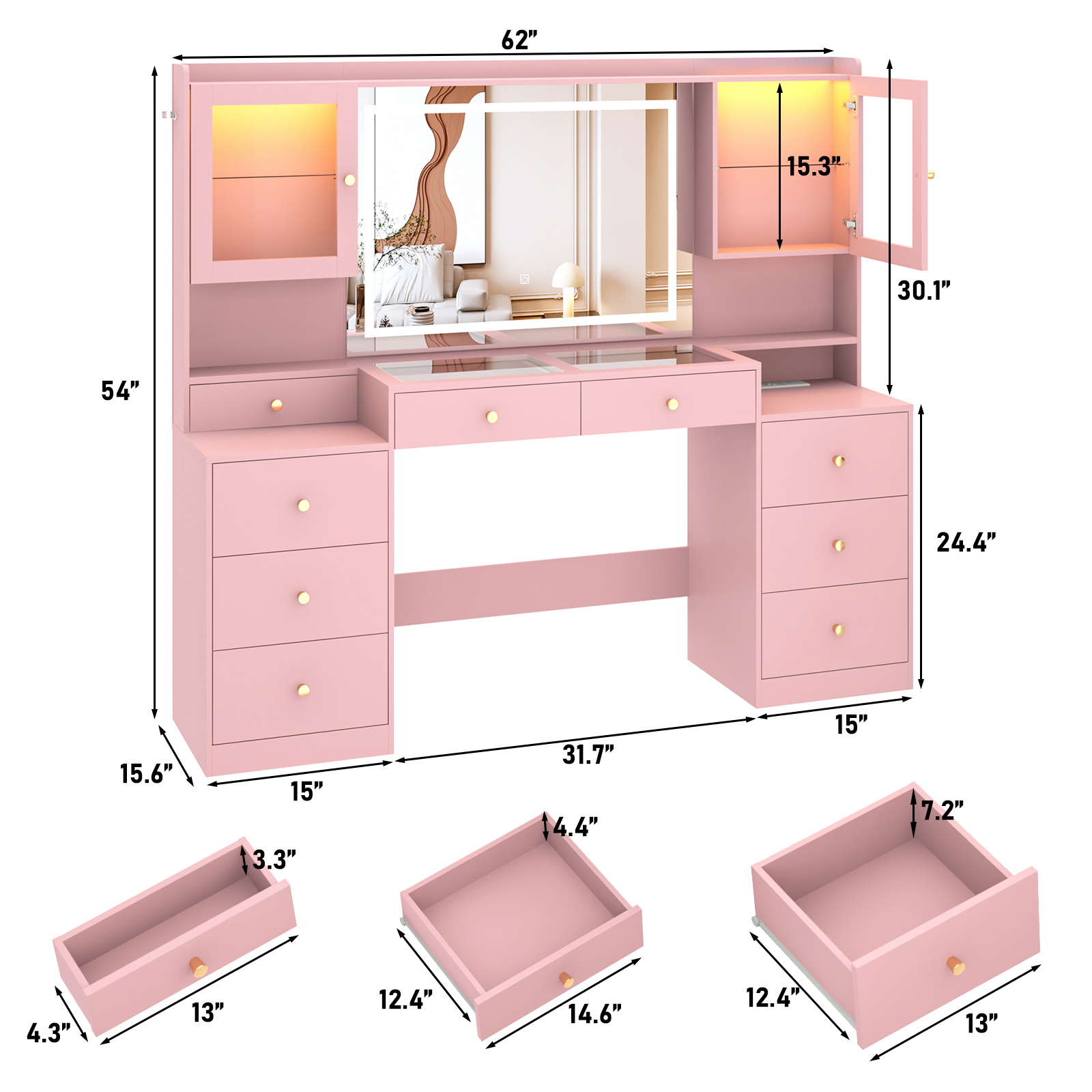 Blotout 62'' Large Vanity Desk with 2 RGB Glass Cabinets, Power Outlet, Glass Top, 9 Drawers, 3 Lights Mode LED Mirror, Pink Bedroom Makeup Vanity for Women, Girls
