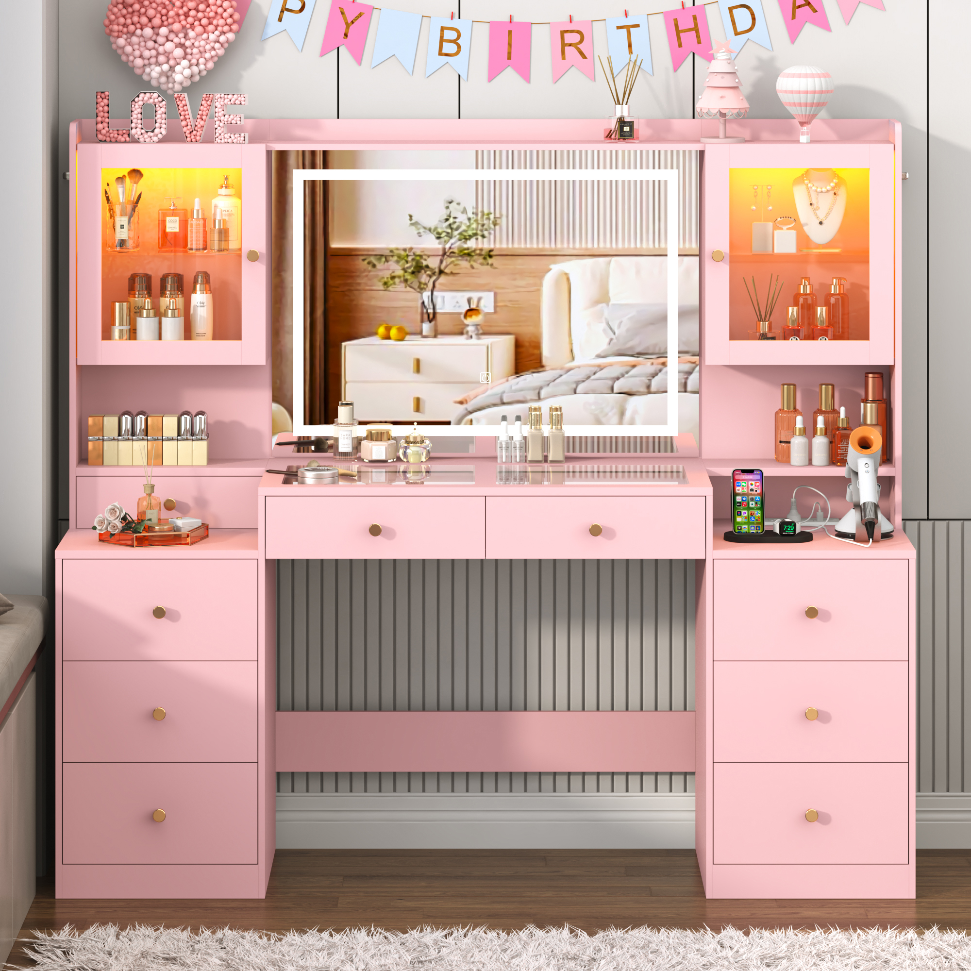 Blotout 62'' Large Vanity Desk with 2 RGB Glass Cabinets, Power Outlet, Glass Top, 9 Drawers, 3 Lights Mode LED Mirror, Pink Bedroom Makeup Vanity for Women, Girls