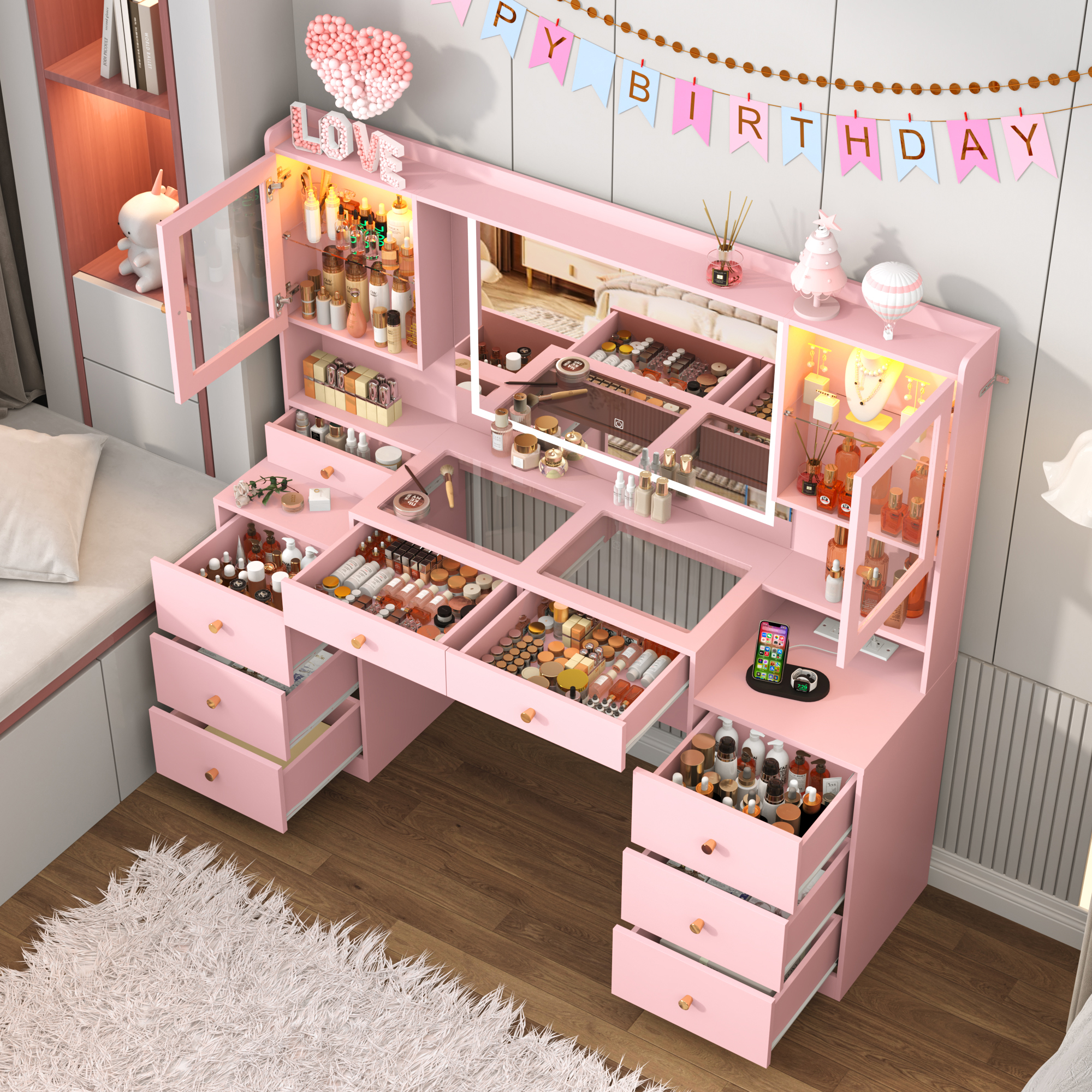 Blotout 62'' Large Vanity Desk with 2 RGB Glass Cabinets, Power Outlet, Glass Top, 9 Drawers, 3 Lights Mode LED Mirror, Pink Bedroom Makeup Vanity for Women, Girls