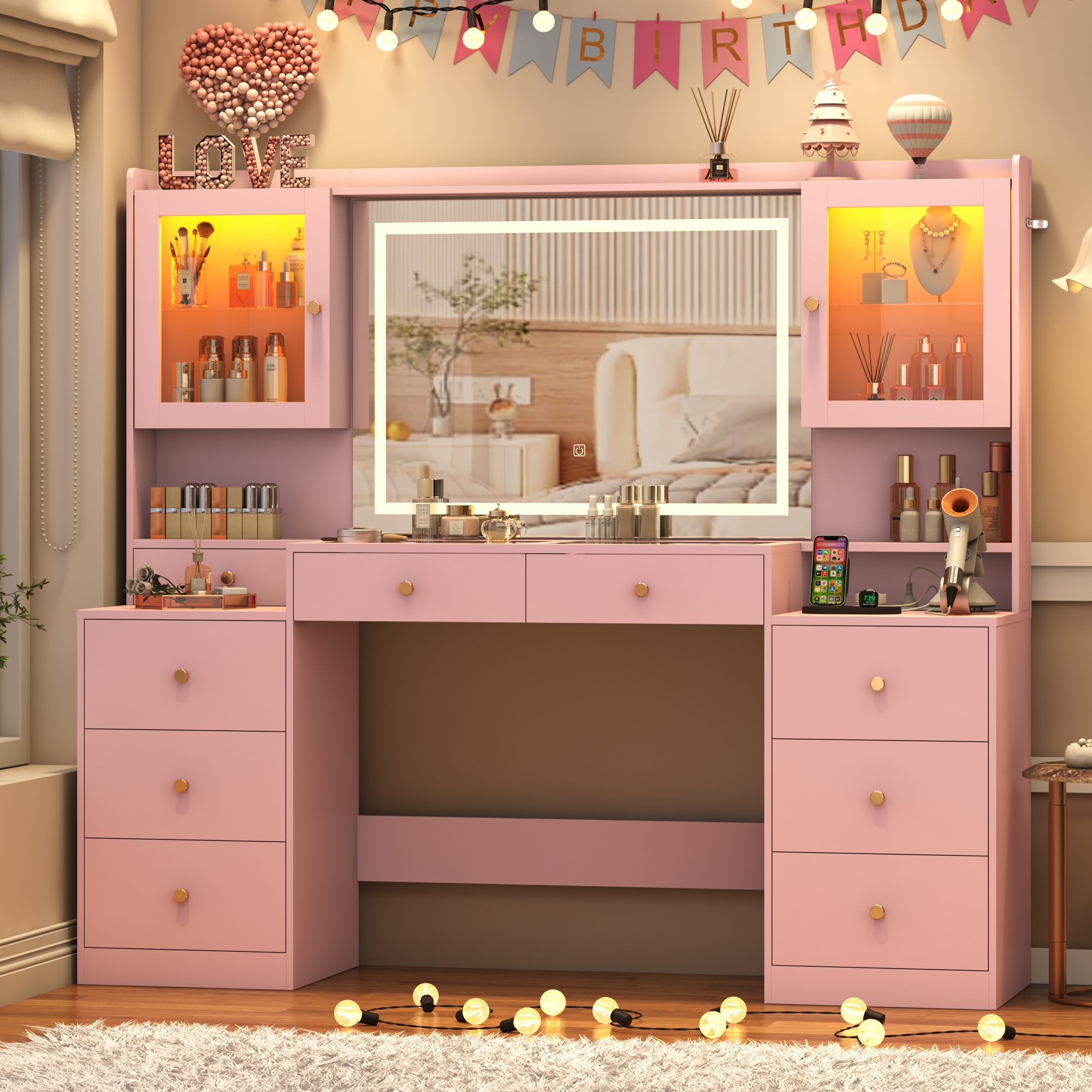 Blotout 62'' Large Vanity Desk with 2 RGB Glass Cabinets, Power Outlet, Glass Top, 9 Drawers, 3 Lights Mode LED Mirror, Pink Bedroom Makeup Vanity for Women, Girls