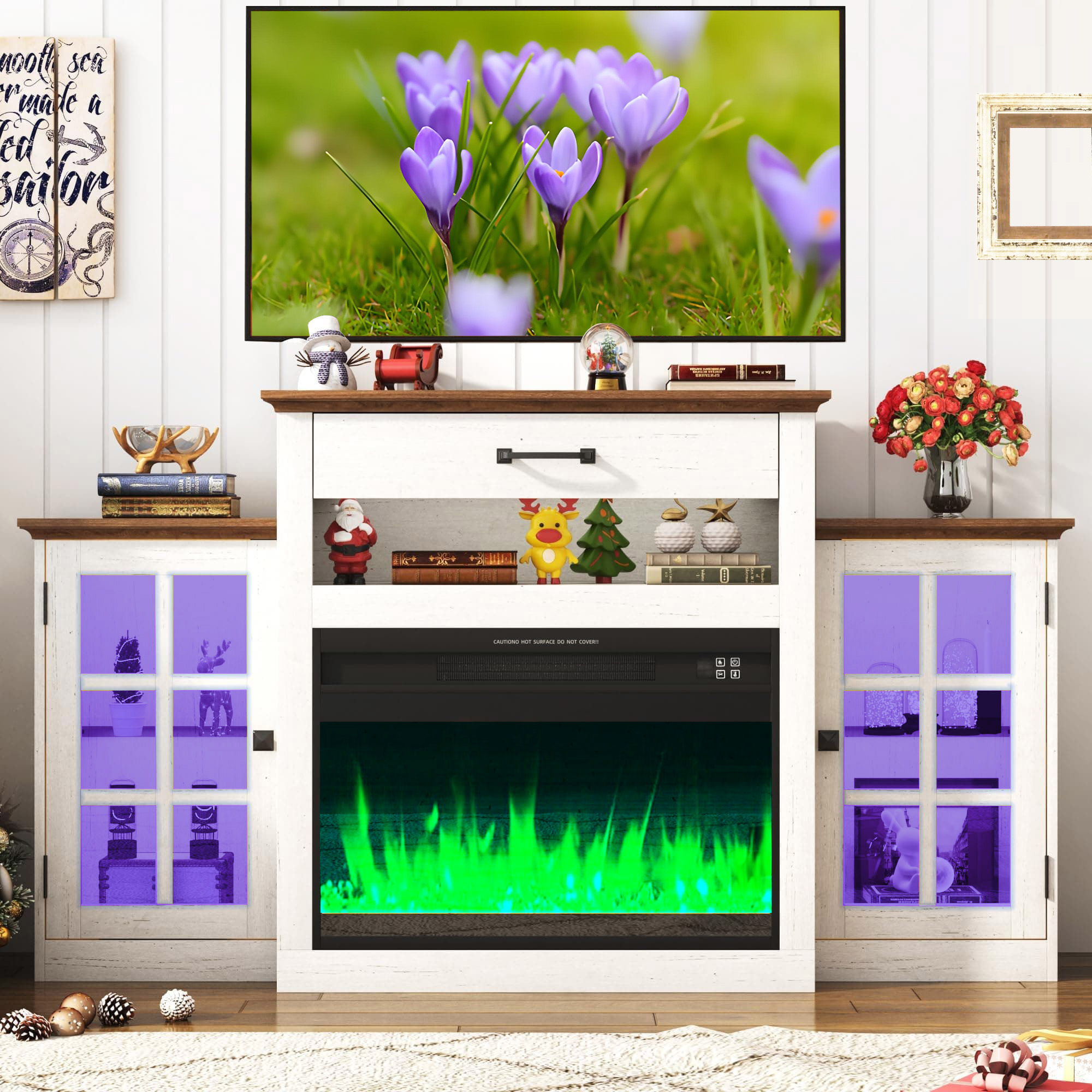 60" Electric Fireplace with Mantel, LED Fireplace TV Stand for up 65" 70" Flat Screen TVs, Tall Entertainment Center with Glass-Doors & Glass-Shelves