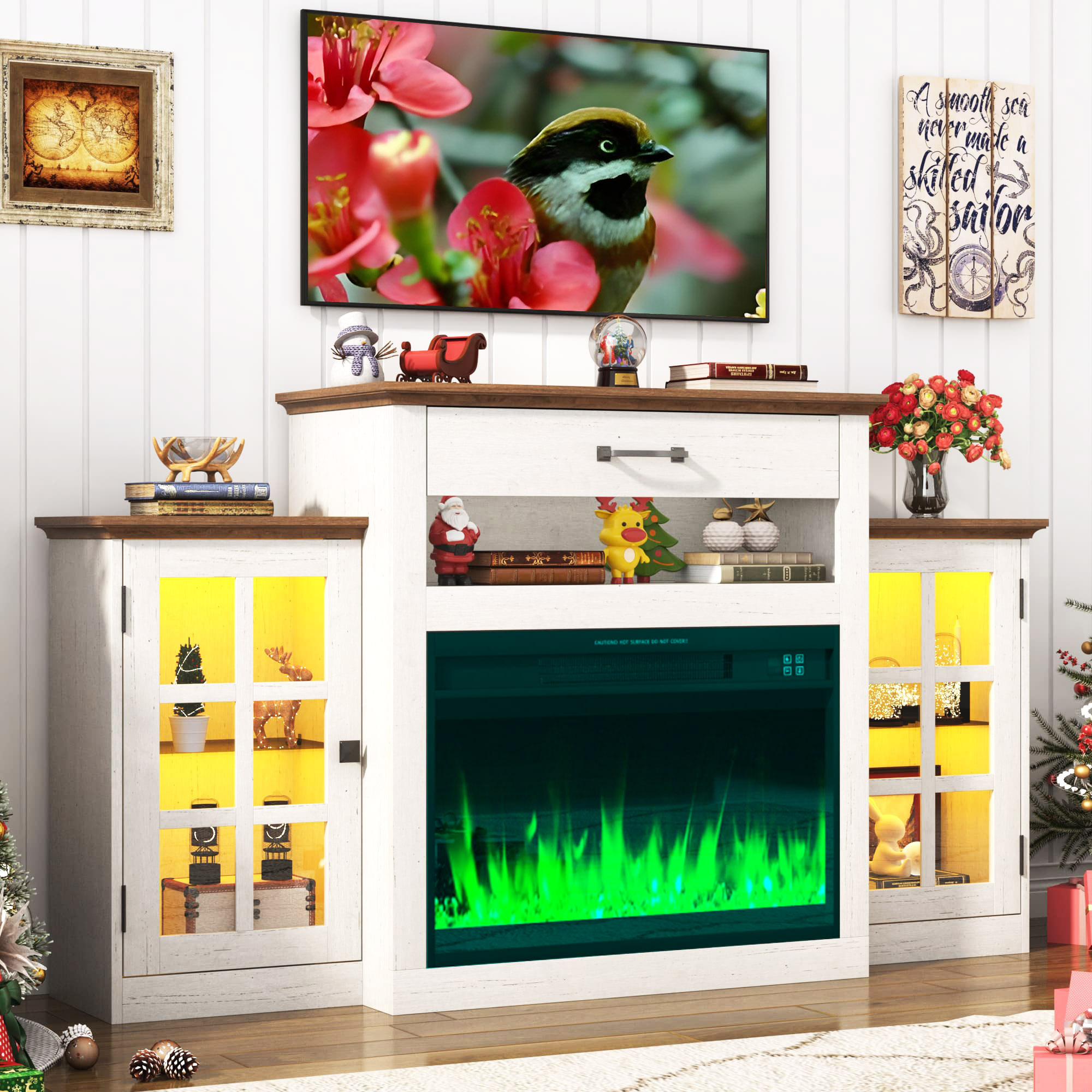 60" Electric Fireplace with Mantel, LED Fireplace TV Stand for up 65" 70" Flat Screen TVs, Tall Entertainment Center with Glass-Doors & Glass-Shelves