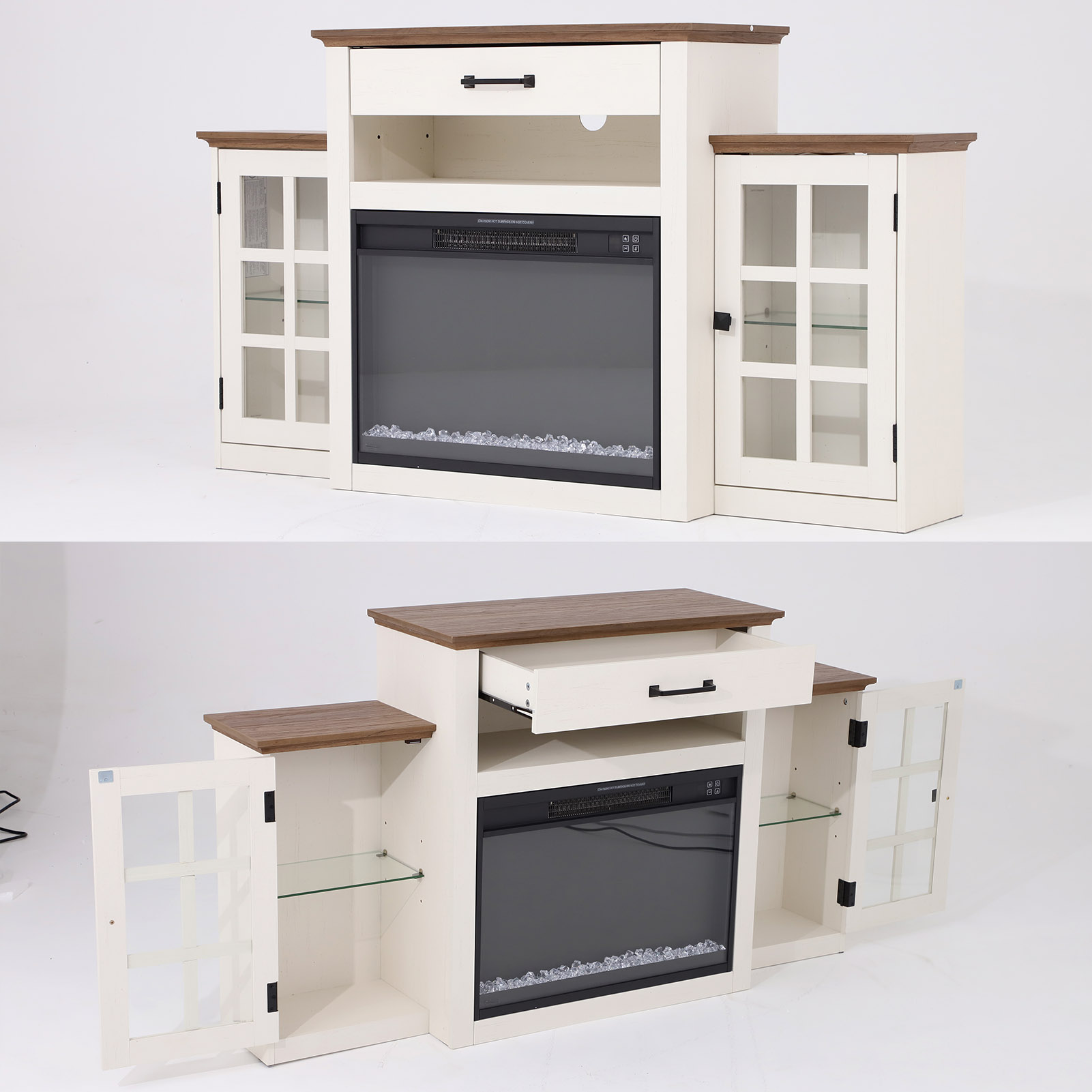 60" Electric Fireplace with Mantel, LED Fireplace TV Stand for up 65" 70" Flat Screen TVs, Tall Entertainment Center with Glass-Doors & Glass-Shelves