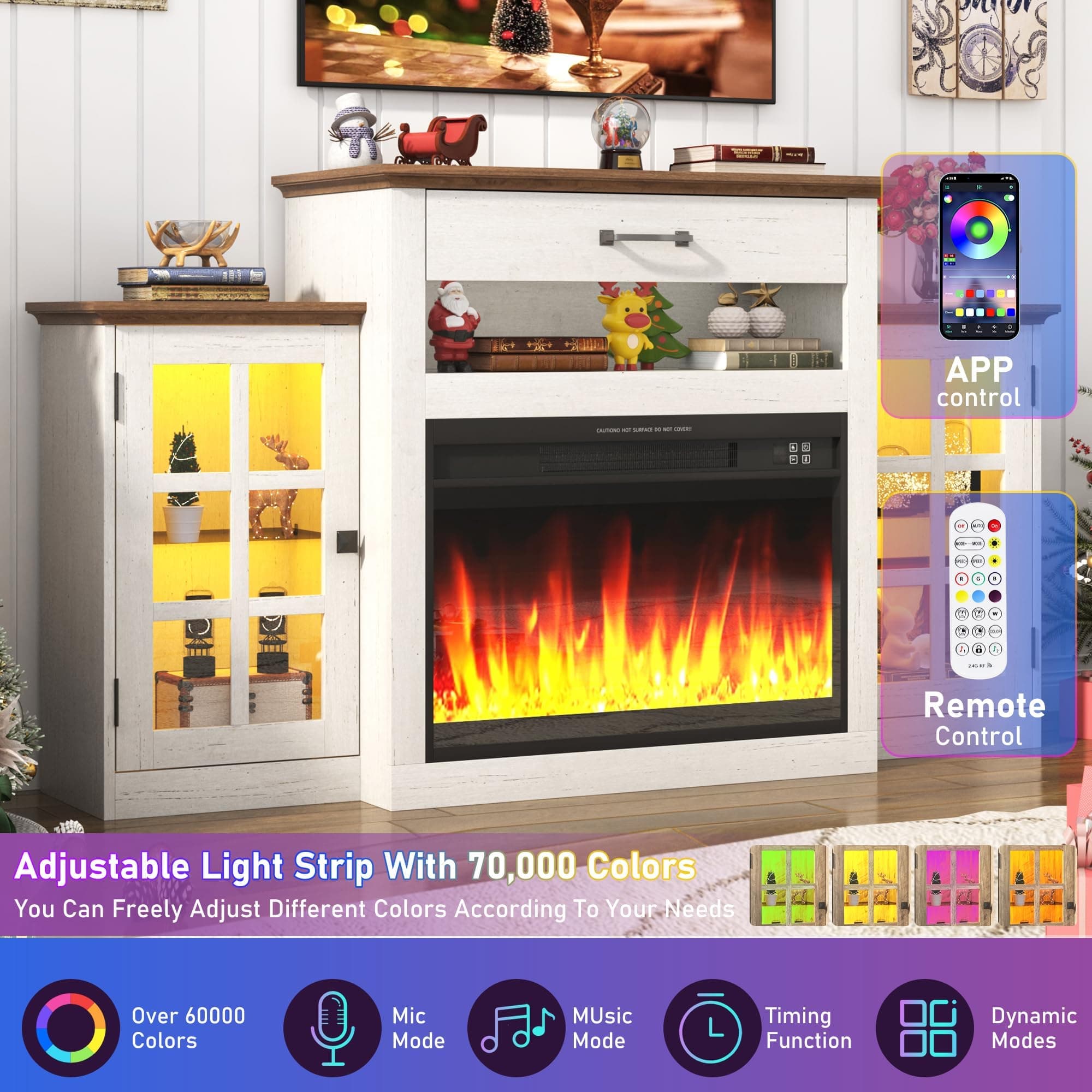 60" Electric Fireplace with Mantel, LED Fireplace TV Stand for up 65" 70" Flat Screen TVs, Tall Entertainment Center with Glass-Doors & Glass-Shelves