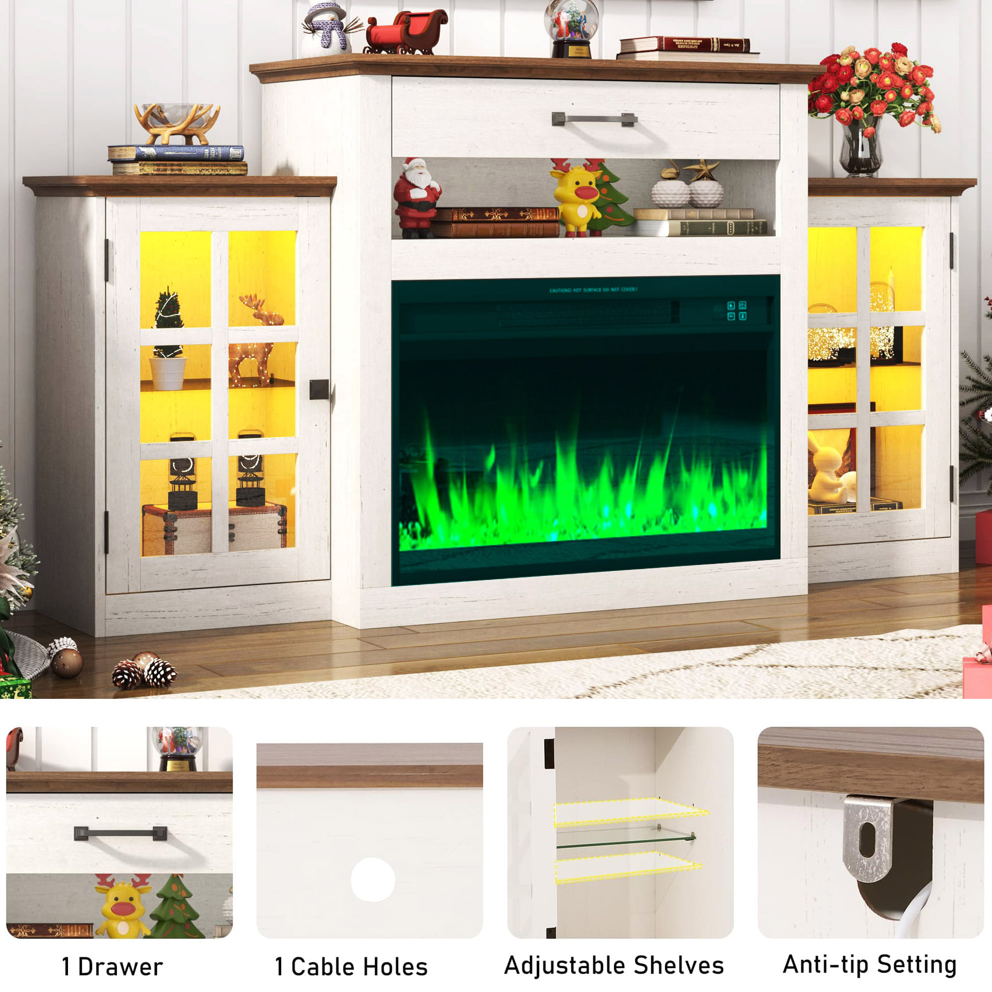 60" Electric Fireplace with Mantel, LED Fireplace TV Stand for up 65" 70" Flat Screen TVs, Tall Entertainment Center with Glass-Doors & Glass-Shelves