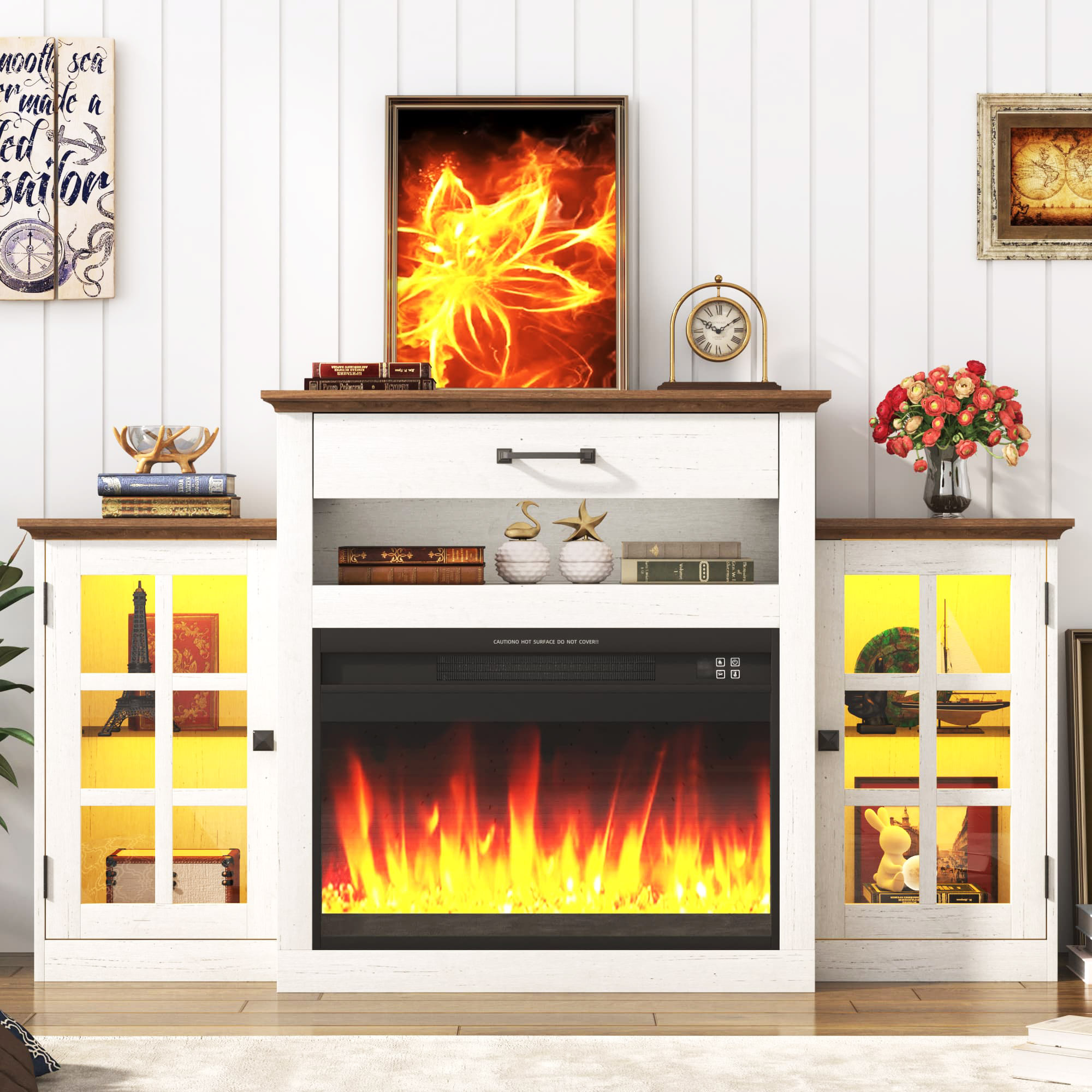 60" Electric Fireplace with Mantel, LED Fireplace TV Stand for up 65" 70" Flat Screen TVs, Tall Entertainment Center with Glass-Doors & Glass-Shelves