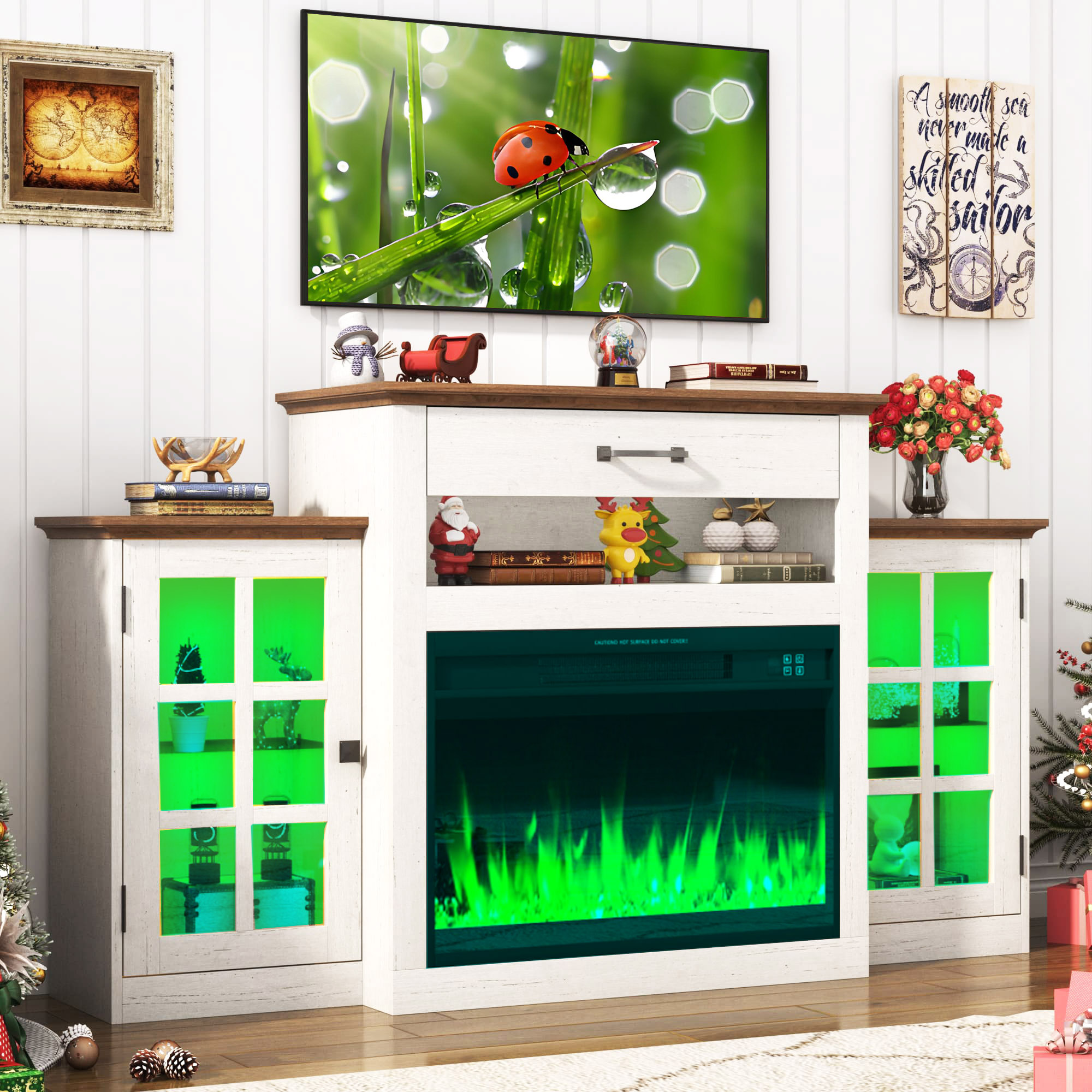 60" Electric Fireplace with Mantel, LED Fireplace TV Stand for up 65" 70" Flat Screen TVs, Tall Entertainment Center with Glass-Doors & Glass-Shelves