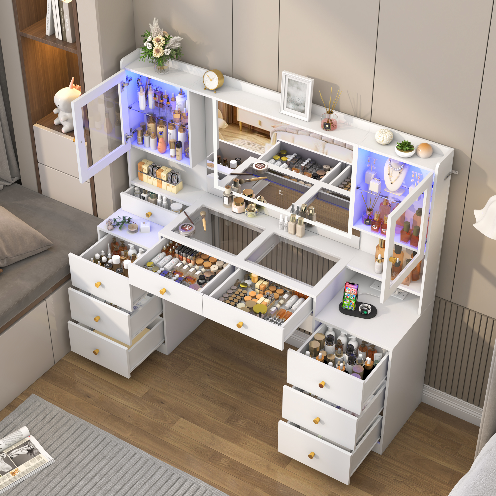 Blotout 62'' Large Vanity Desk with 2 RGB Glass Cabinets, Power Outlet, Glass Top, 9 Drawers, 3 Lights Mode LED Mirror, Pink Bedroom Makeup Vanity for Women, Girls