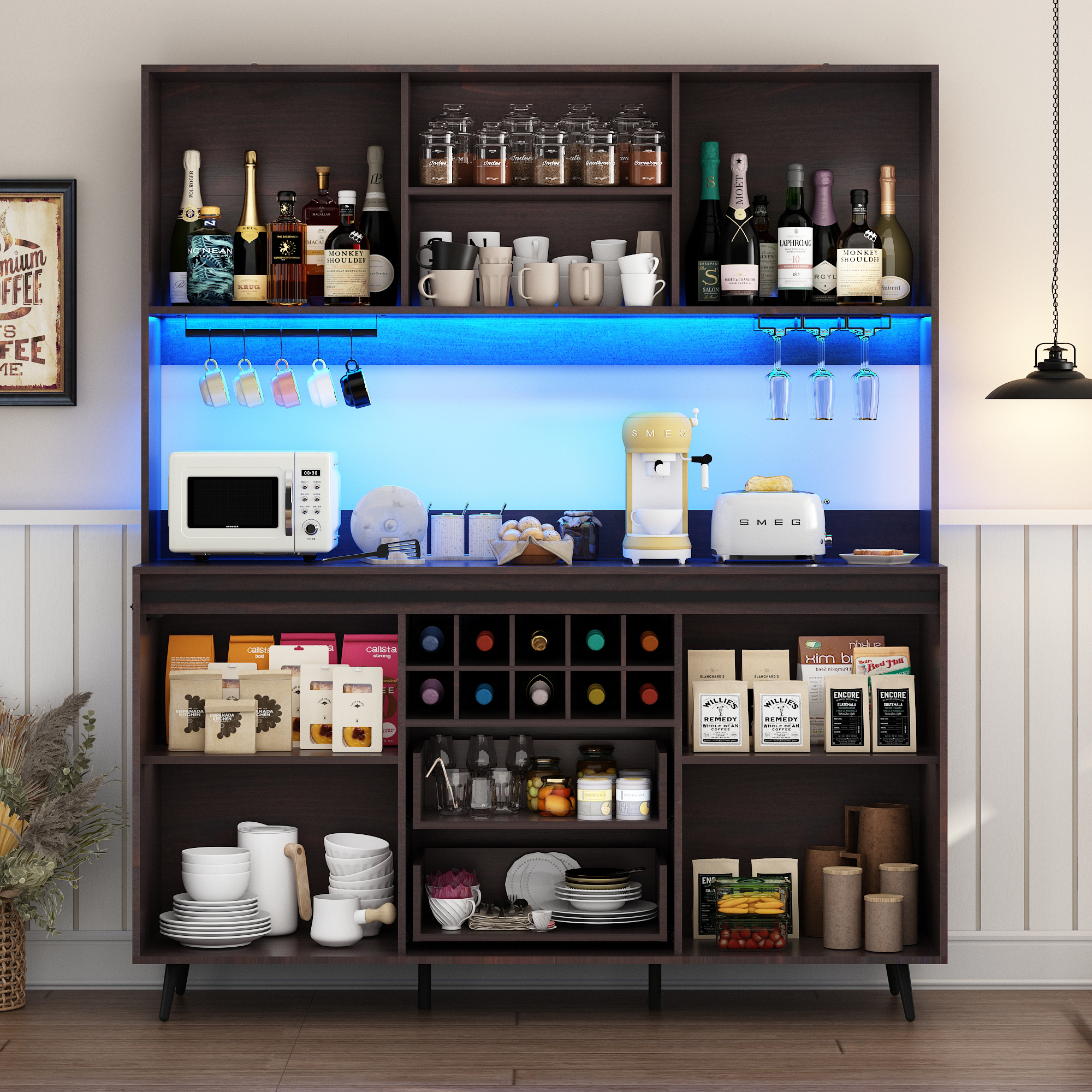 Farmhouse 63" Coffee Bar Cabinet with Sliding Barn Door and Hutch for Dining Room, 75" Tall LED Pantry Cabinet with Power Outlets, Wine Rack