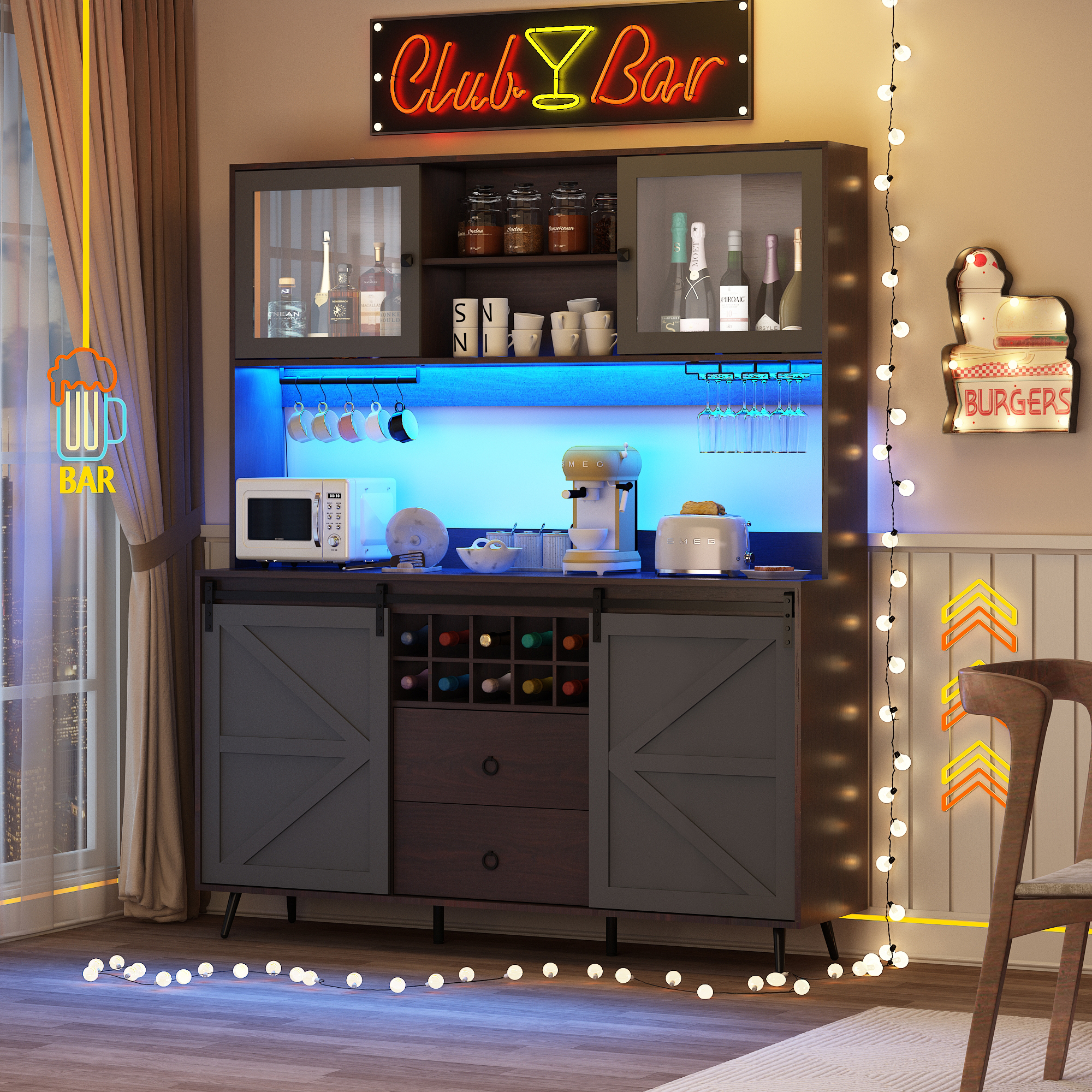 Farmhouse 63" Coffee Bar Cabinet with Sliding Barn Door and Hutch for Dining Room, 75" Tall LED Pantry Cabinet with Power Outlets, Wine Rack