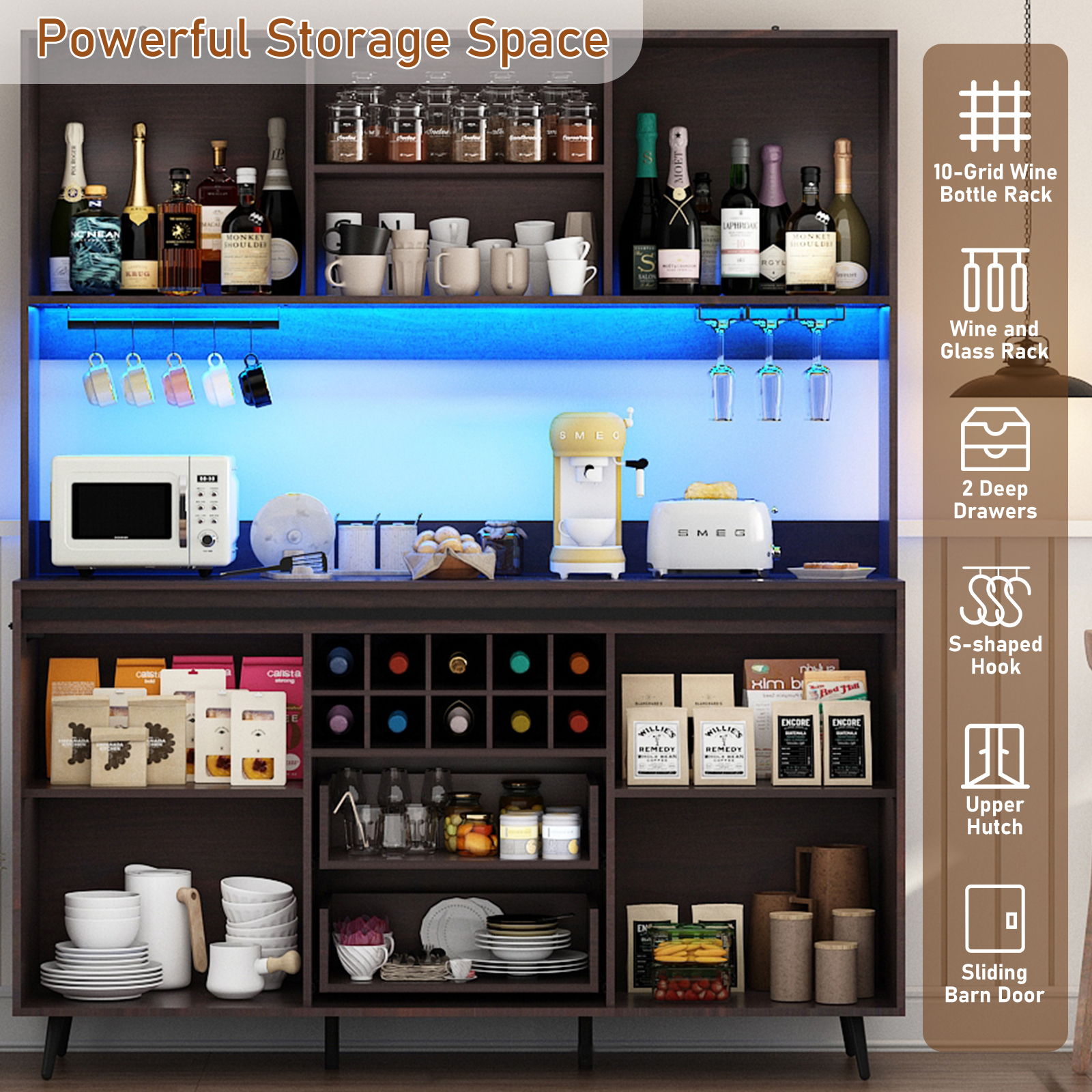 Farmhouse 63" Coffee Bar Cabinet with Sliding Barn Door and Hutch for Dining Room, 75" Tall LED Pantry Cabinet with Power Outlets, Wine Rack