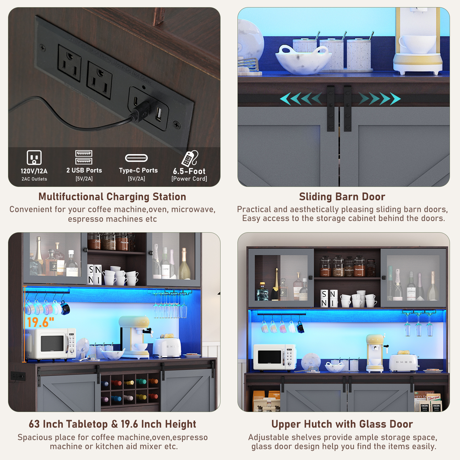 Farmhouse 63" Coffee Bar Cabinet with Sliding Barn Door and Hutch for Dining Room, 75" Tall LED Pantry Cabinet with Power Outlets, Wine Rack