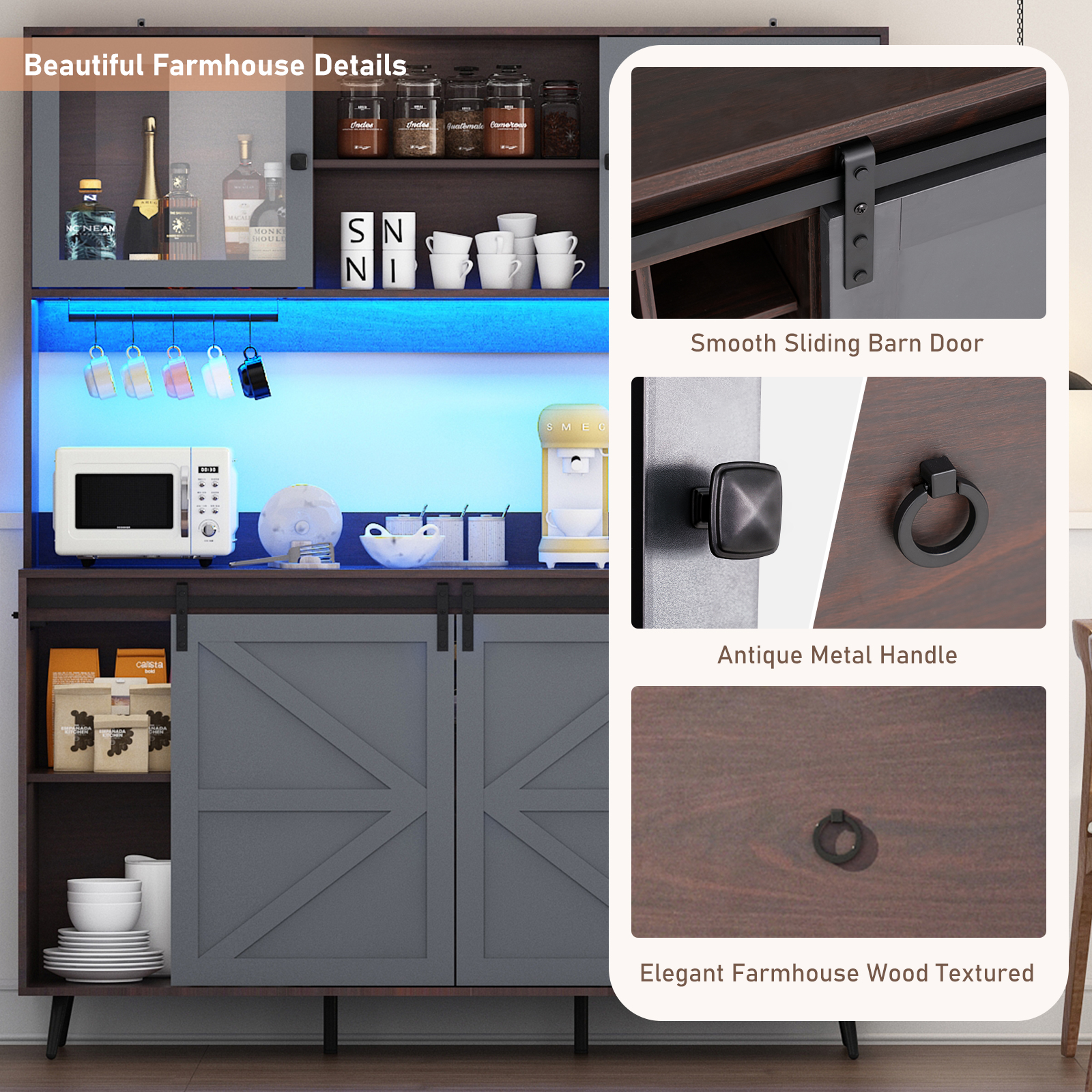 Farmhouse 63" Coffee Bar Cabinet with Sliding Barn Door and Hutch for Dining Room, 75" Tall LED Pantry Cabinet with Power Outlets, Wine Rack