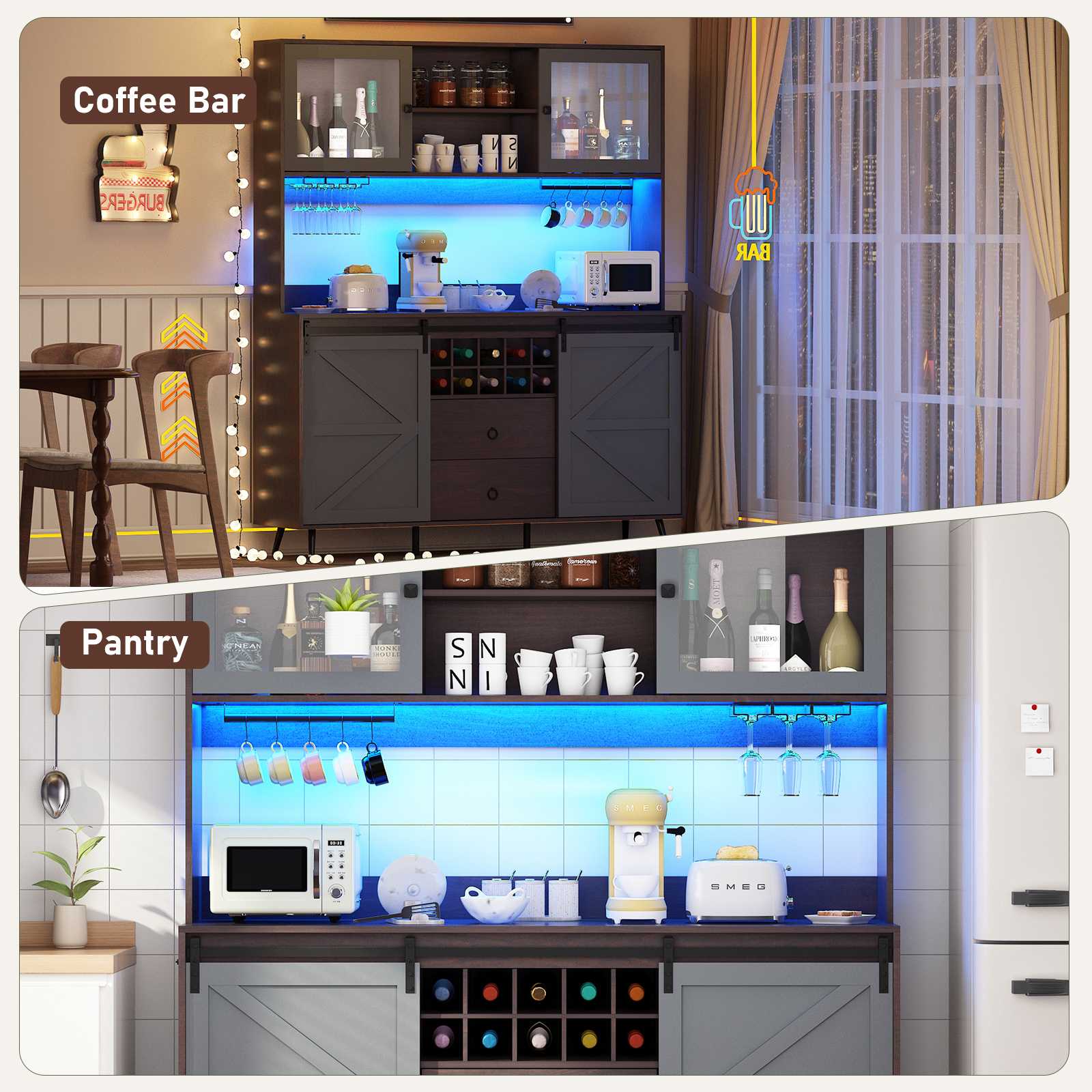 Farmhouse 63" Coffee Bar Cabinet with Sliding Barn Door and Hutch for Dining Room, 75" Tall LED Pantry Cabinet with Power Outlets, Wine Rack