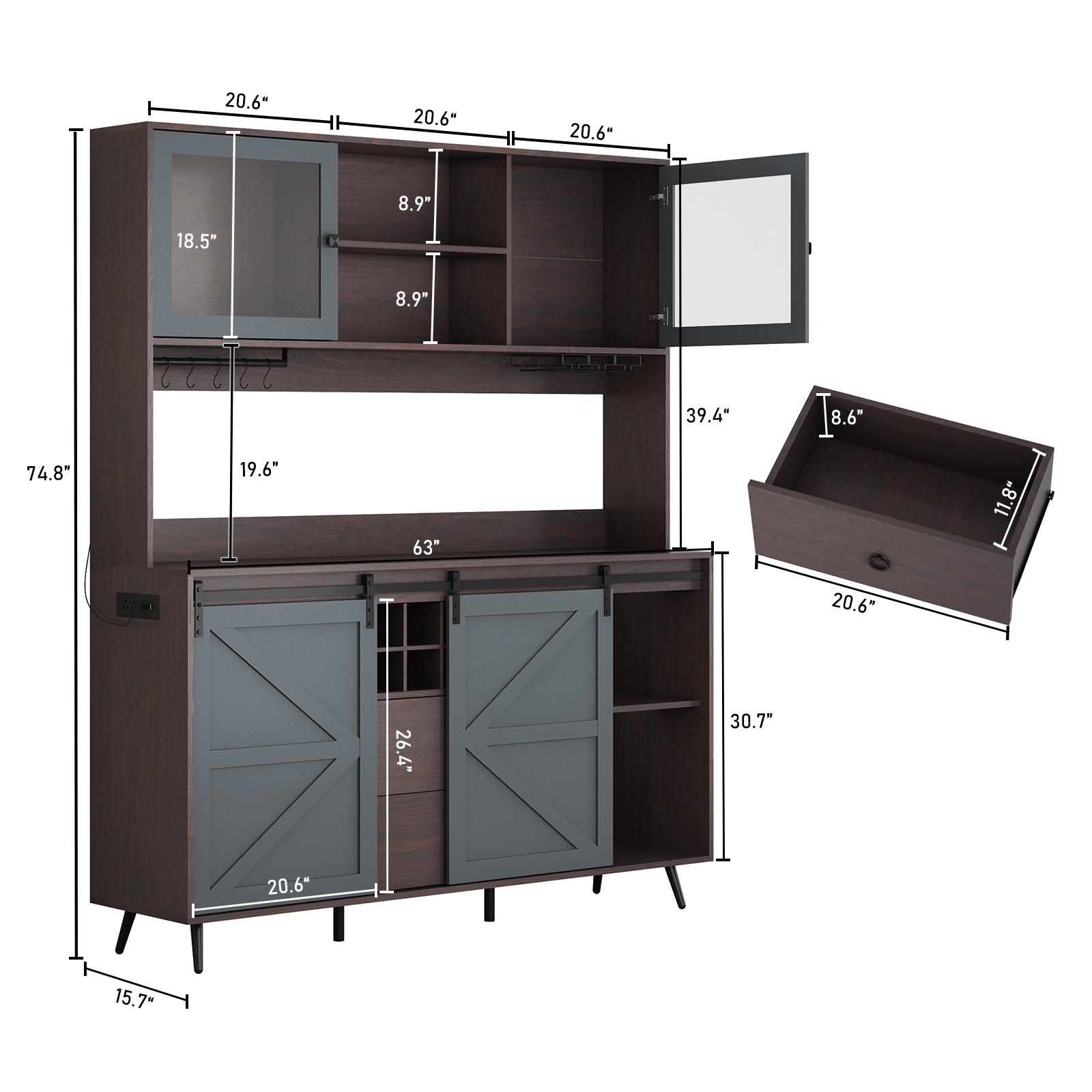 Farmhouse 63" Coffee Bar Cabinet with Sliding Barn Door and Hutch for Dining Room, 75" Tall LED Pantry Cabinet with Power Outlets, Wine Rack