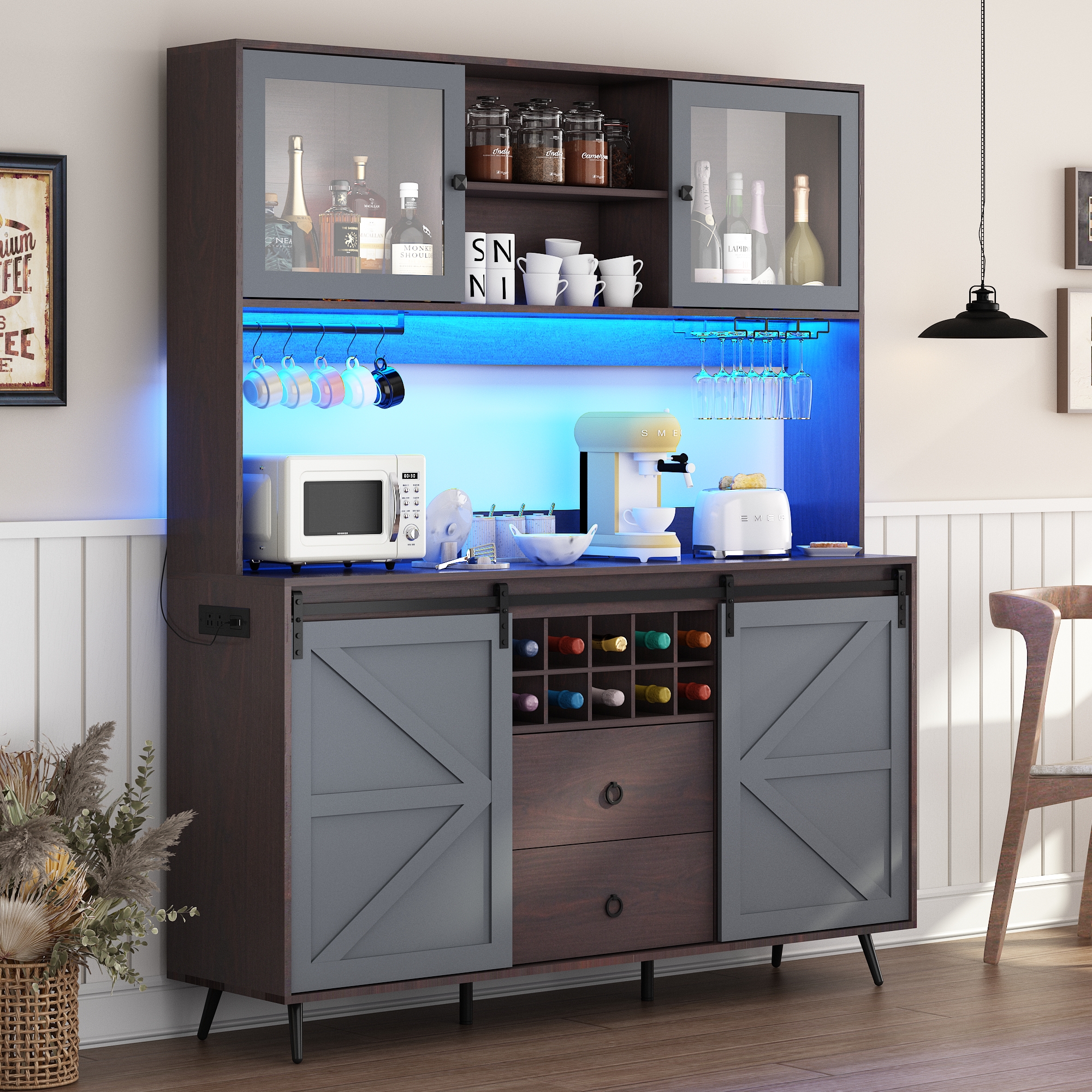 Farmhouse 63" Coffee Bar Cabinet with Sliding Barn Door and Hutch for Dining Room, 75" Tall LED Pantry Cabinet with Power Outlets, Wine Rack