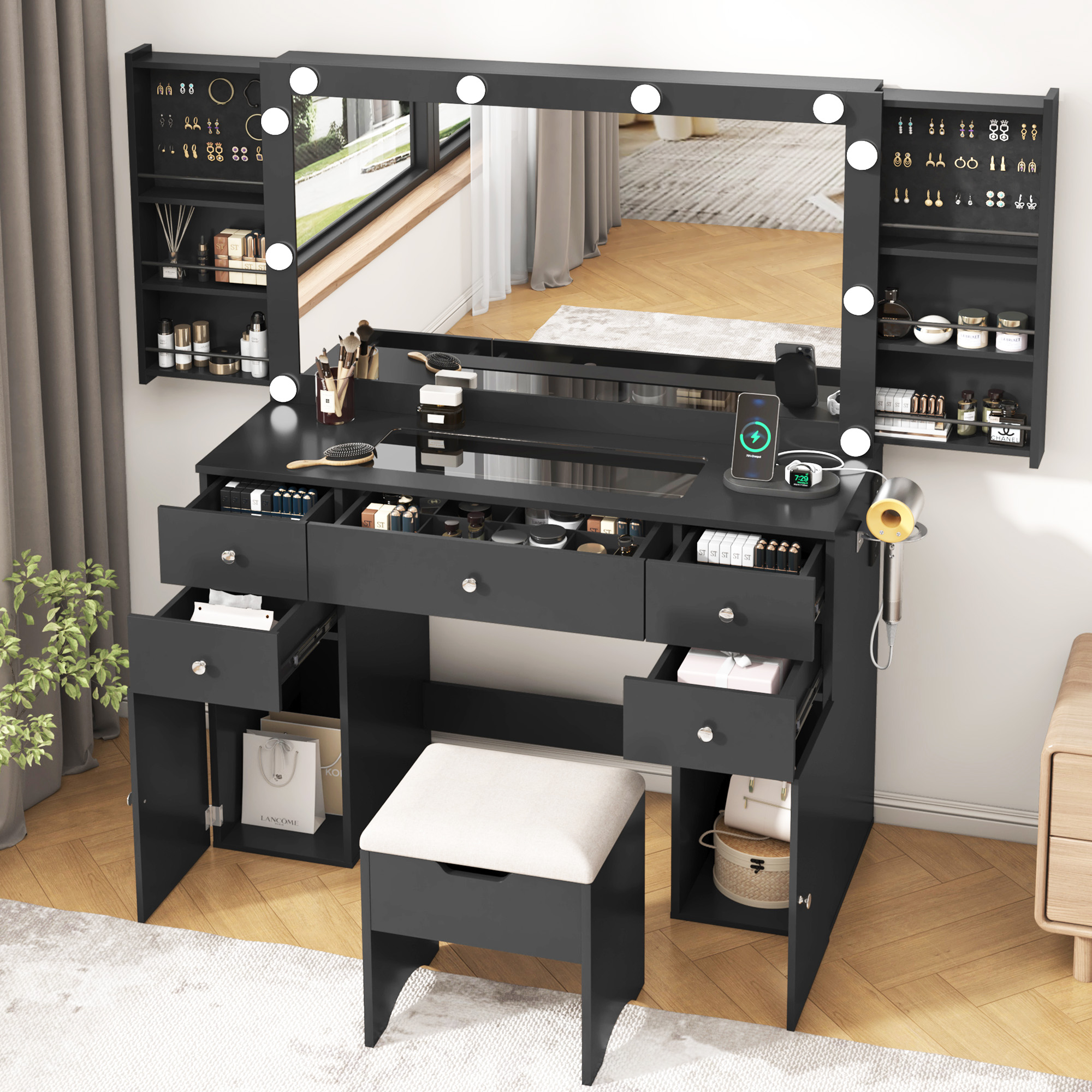 Makeup Vanity Desk with Lighted Mirror & Power Outlet & Glass Top & Drawers, Sliding Storage