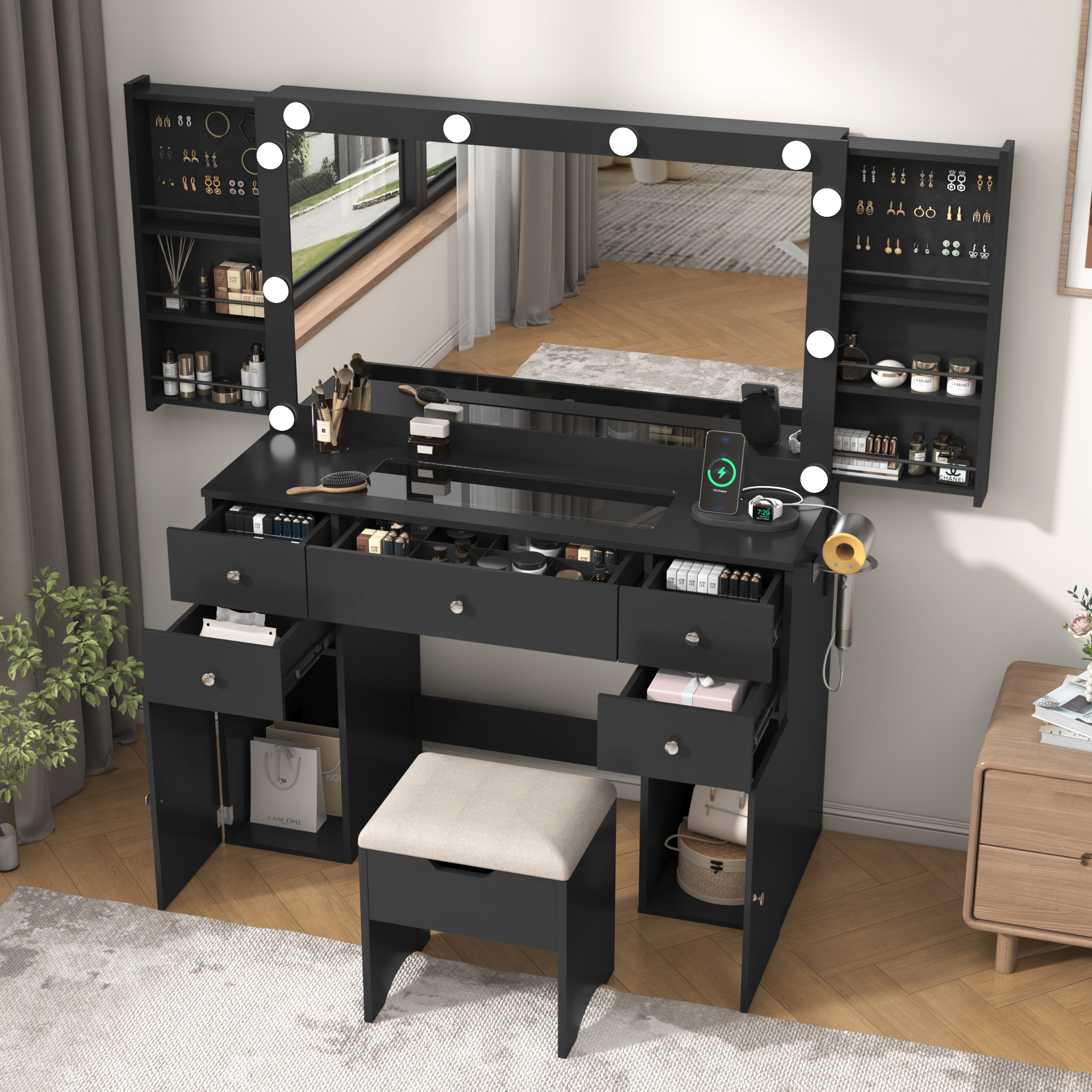 Makeup Vanity Desk with Lighted Mirror & Power Outlet & Glass Top & Drawers, Sliding Storage