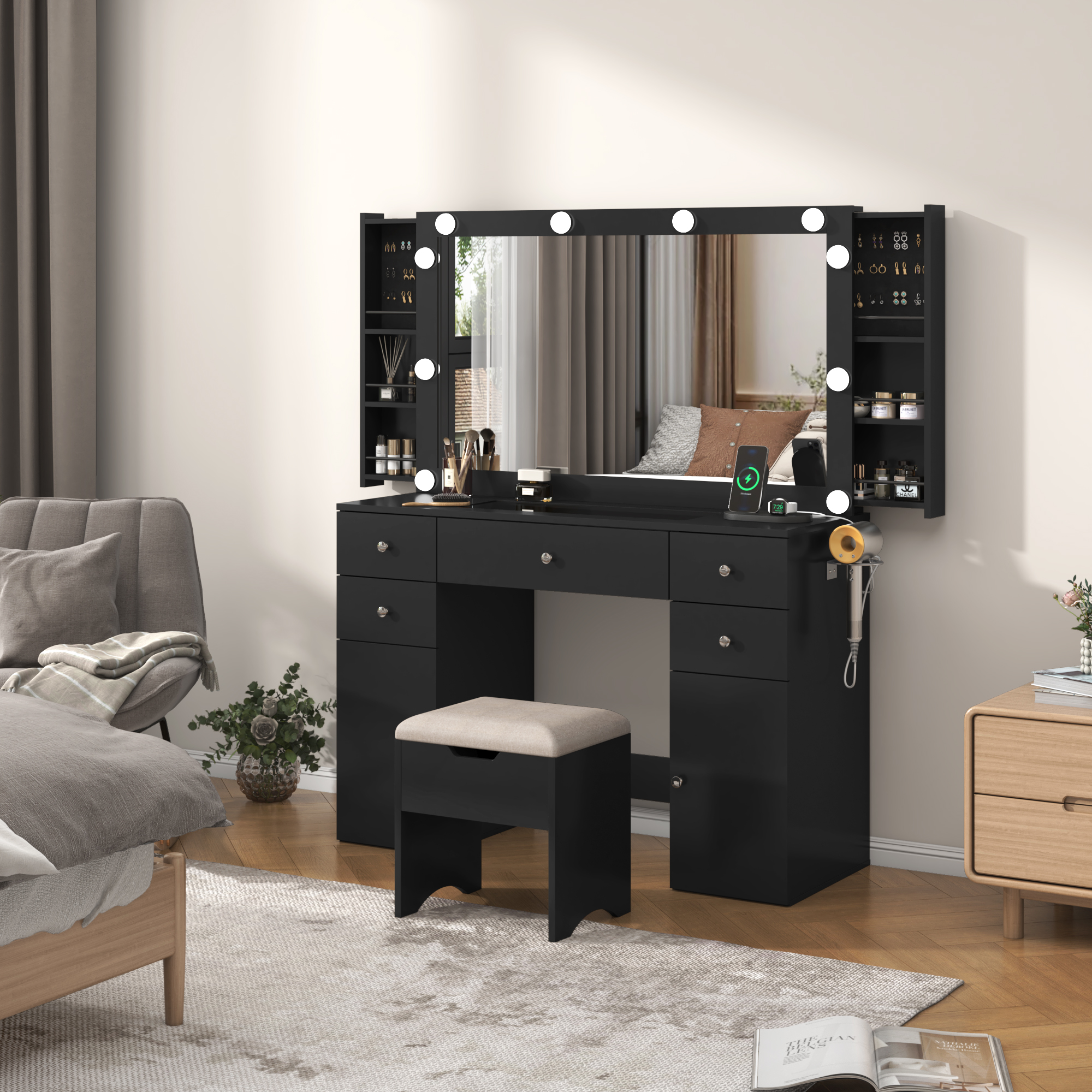 Makeup Vanity Desk with Lighted Mirror & Power Outlet & Glass Top & Drawers, Sliding Storage