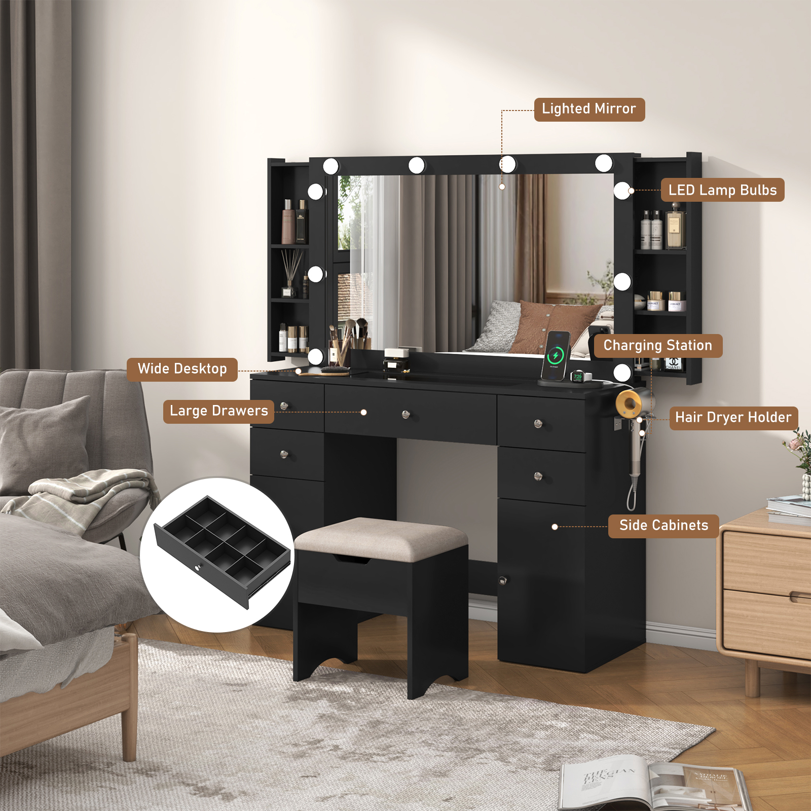 Makeup Vanity Desk with Lighted Mirror & Power Outlet & Glass Top & Drawers, Sliding Storage