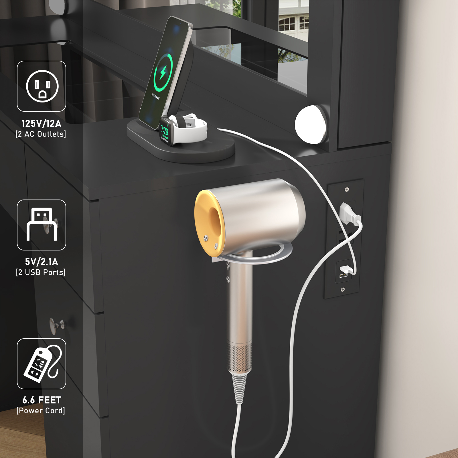 Makeup Vanity Desk with Lighted Mirror & Power Outlet & Glass Top & Drawers, Sliding Storage